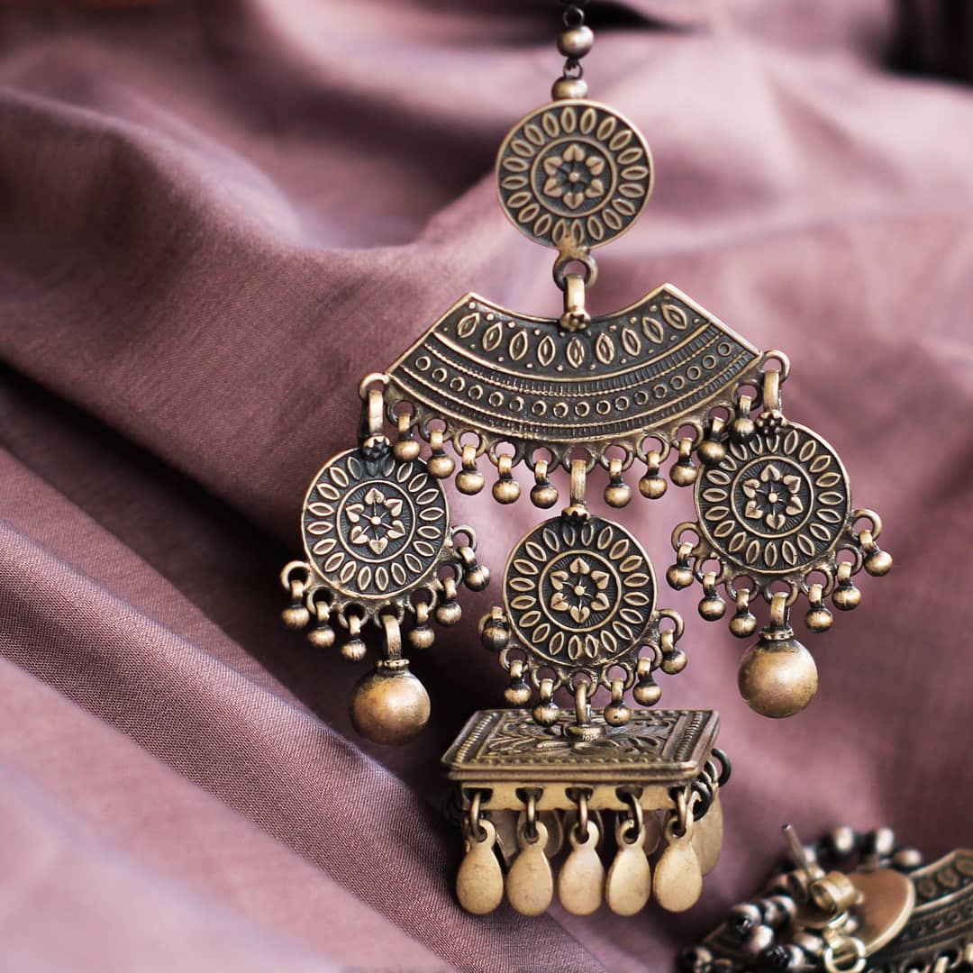 Tattva Intricate Layered Earchain Square Jhumka