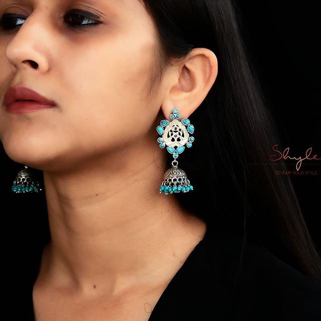 Essence Jodhpuri Intricate Motif Turquoise Drop Jhumki