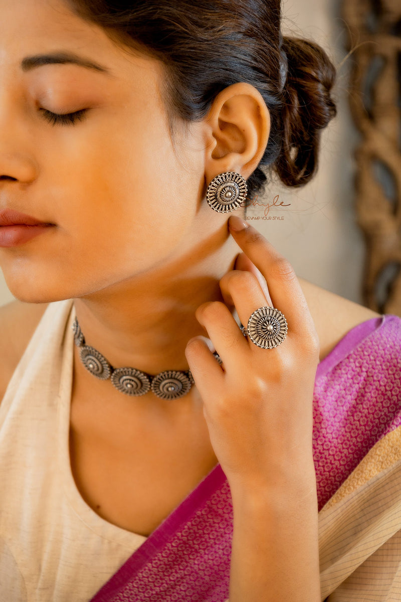 Adya Intricate Motif Sequence Necklace Earring Ring Set