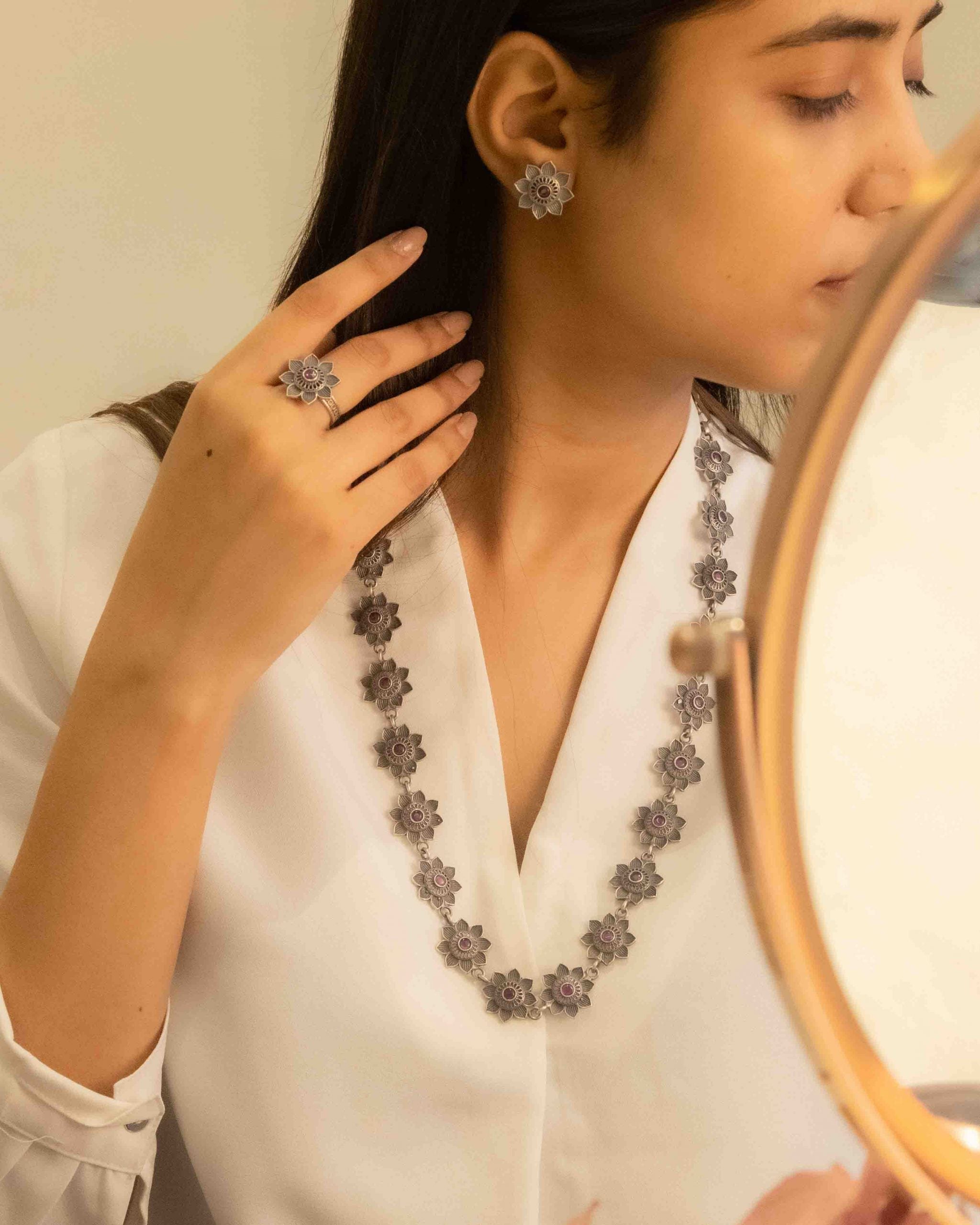 Adya Intricate Flower Versatile Necklace Earring Ring Set