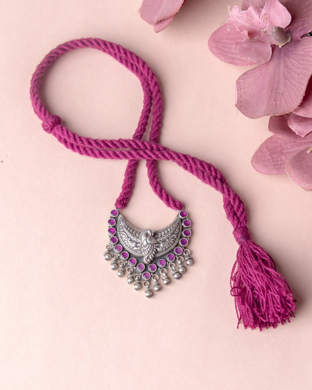 Adya Peacock Motif Ghughri Drop Dori Necklace