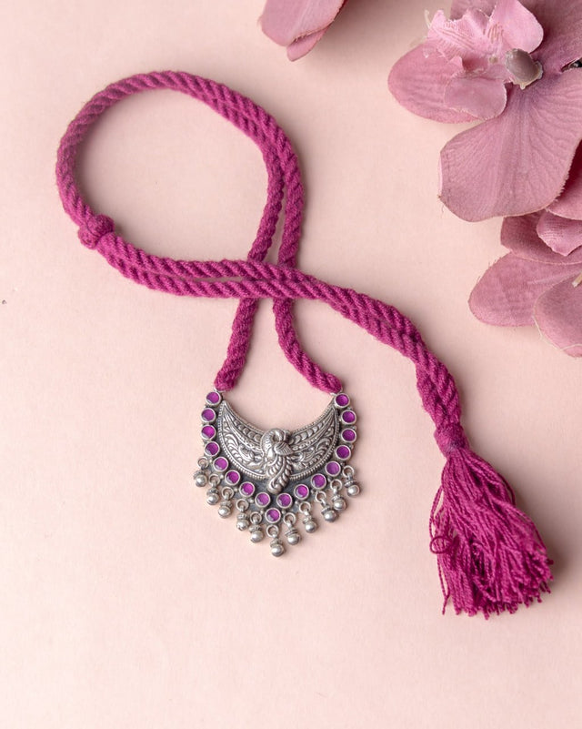 Adya Peacock Motif Ghughri Drop Dori Necklace