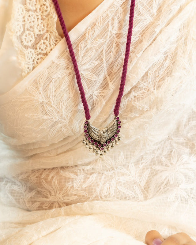 Adya Peacock Motif Ghughri Drop Dori Necklace