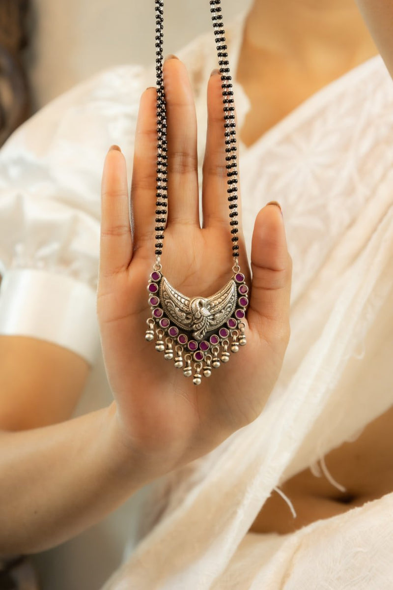 92.5 sterling silver Adya Peacock Motif Ghughri Drop Mangalsutra