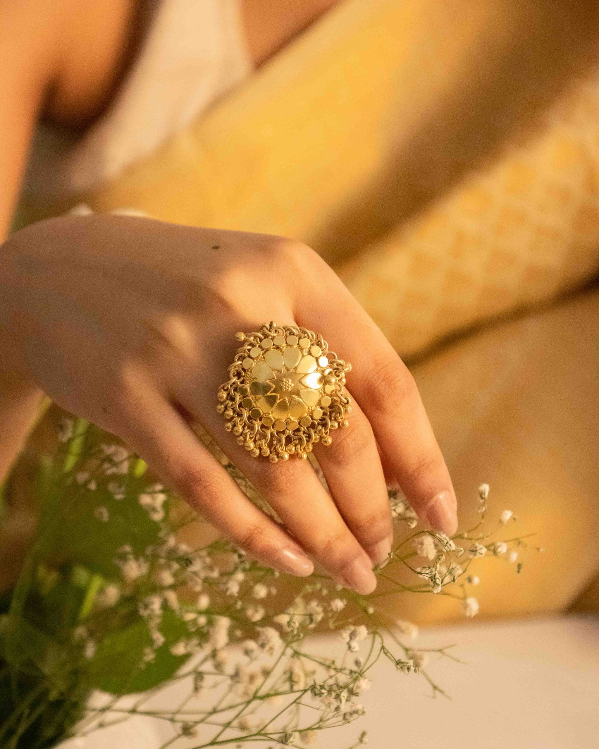 Moh Petal Motif Ghughri Gold Plated Ring