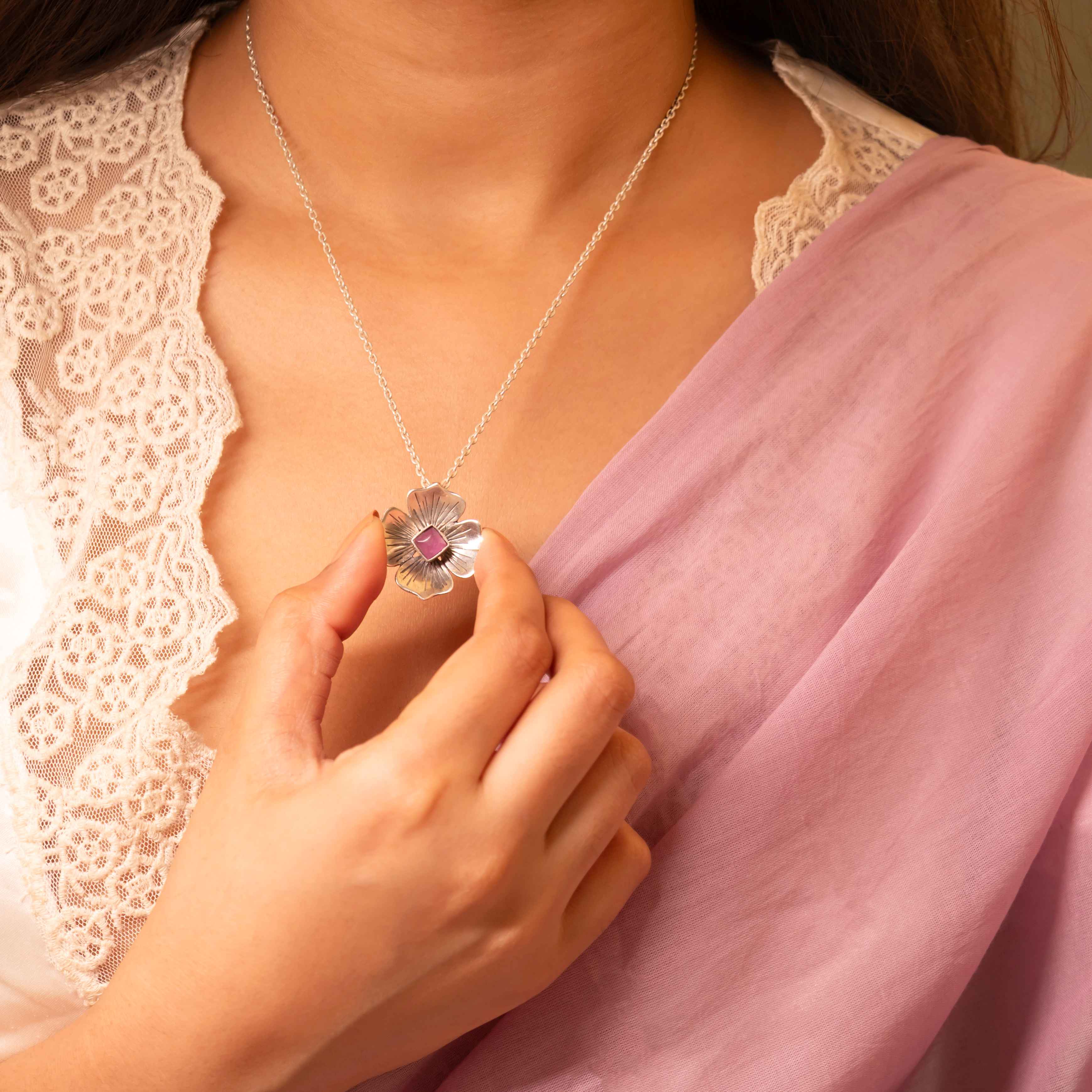 Adya Blush Bloom Flower Drop Necklace Earring Ring Set