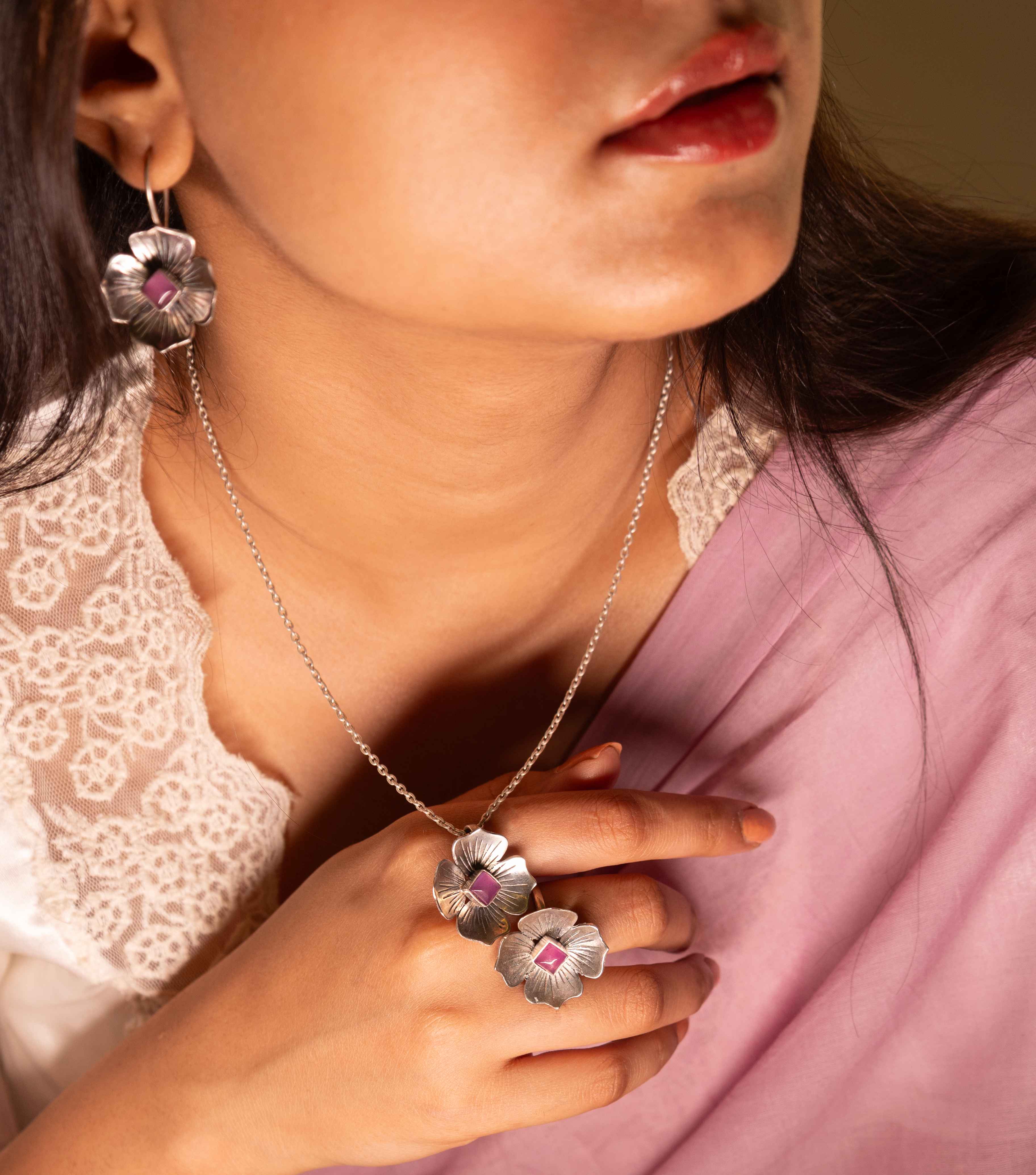 Adya Blush Bloom Flower Drop Necklace Earring Ring Set