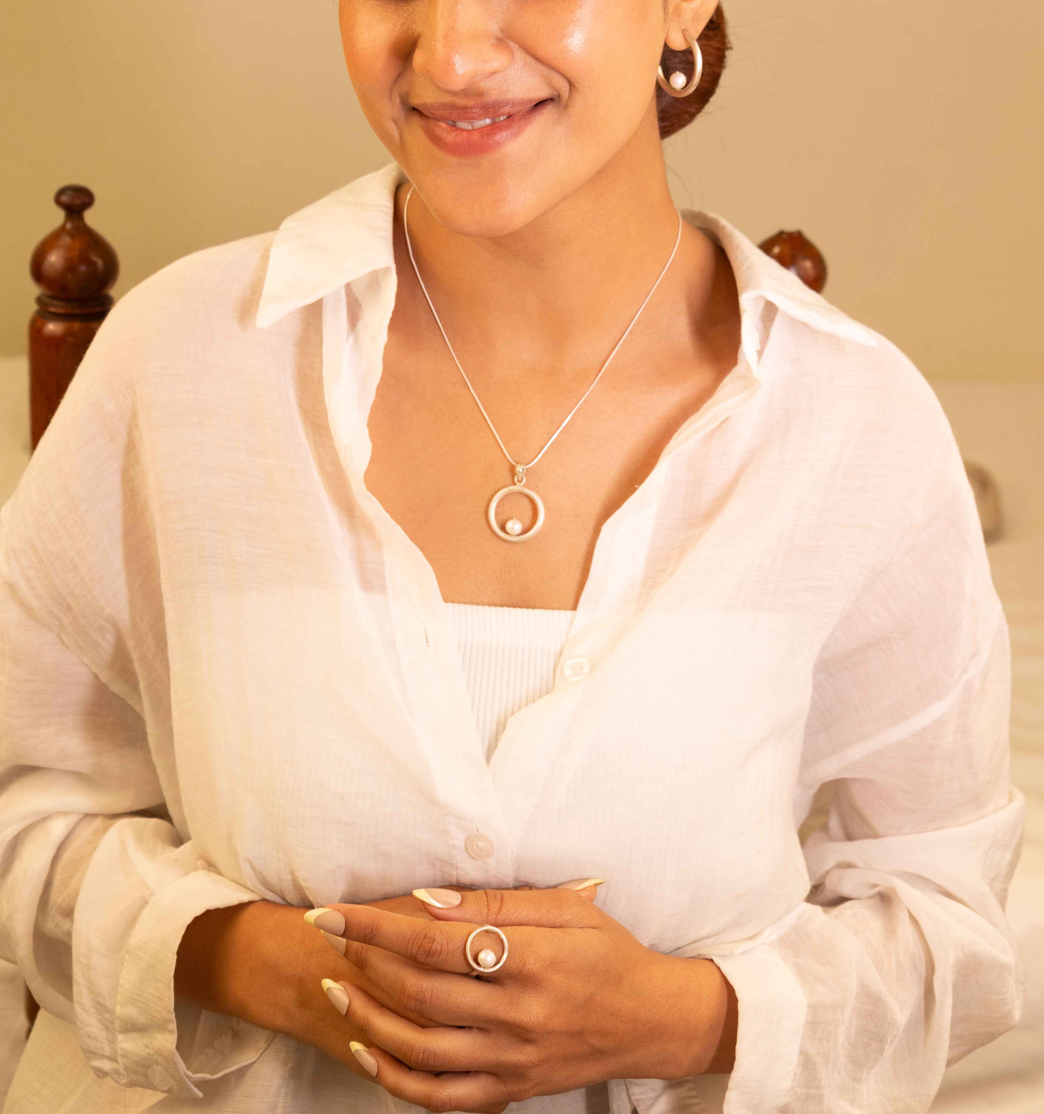 Adya Halo Pearl Necklace Earring Ring Set