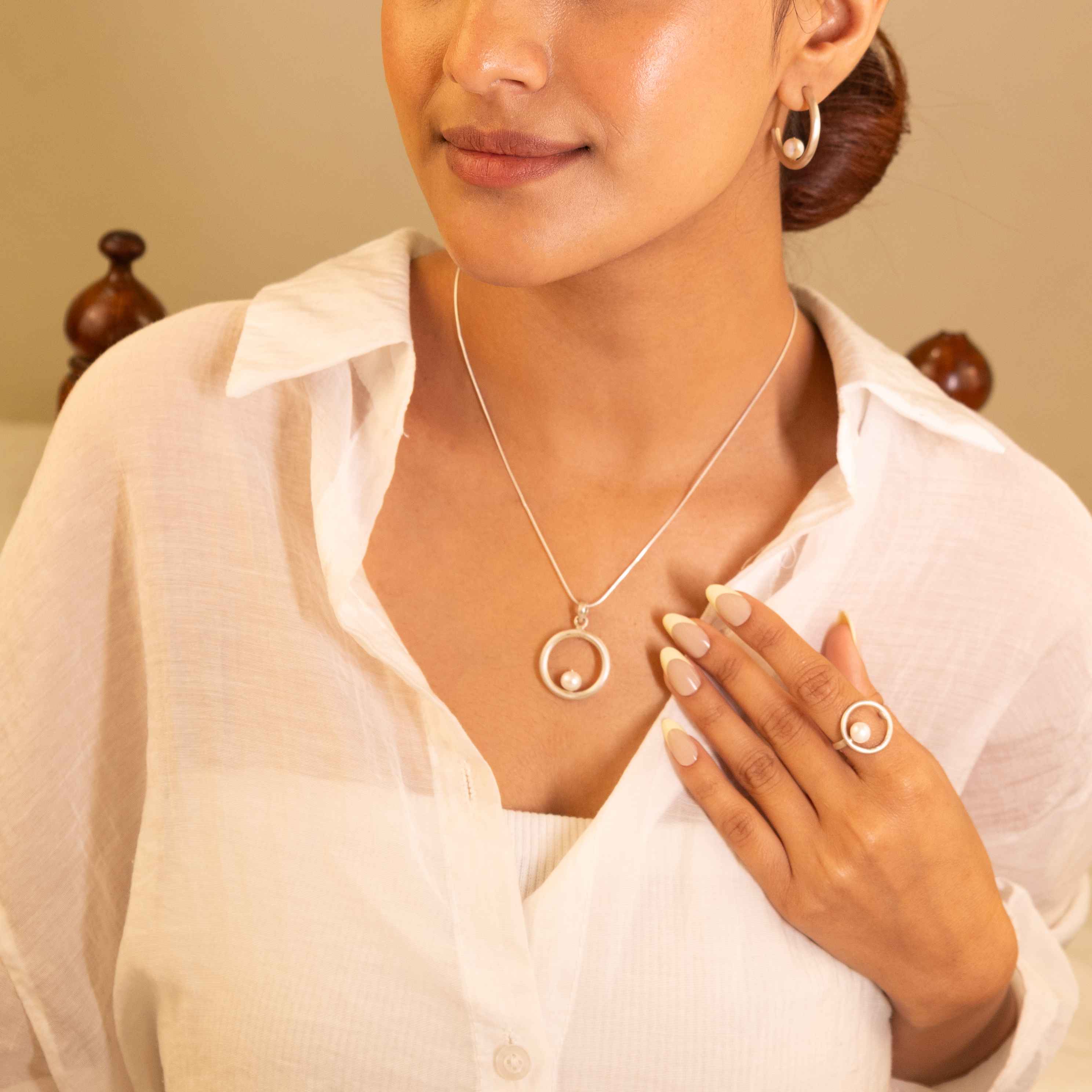 Adya Halo Pearl Necklace Earring Ring Set