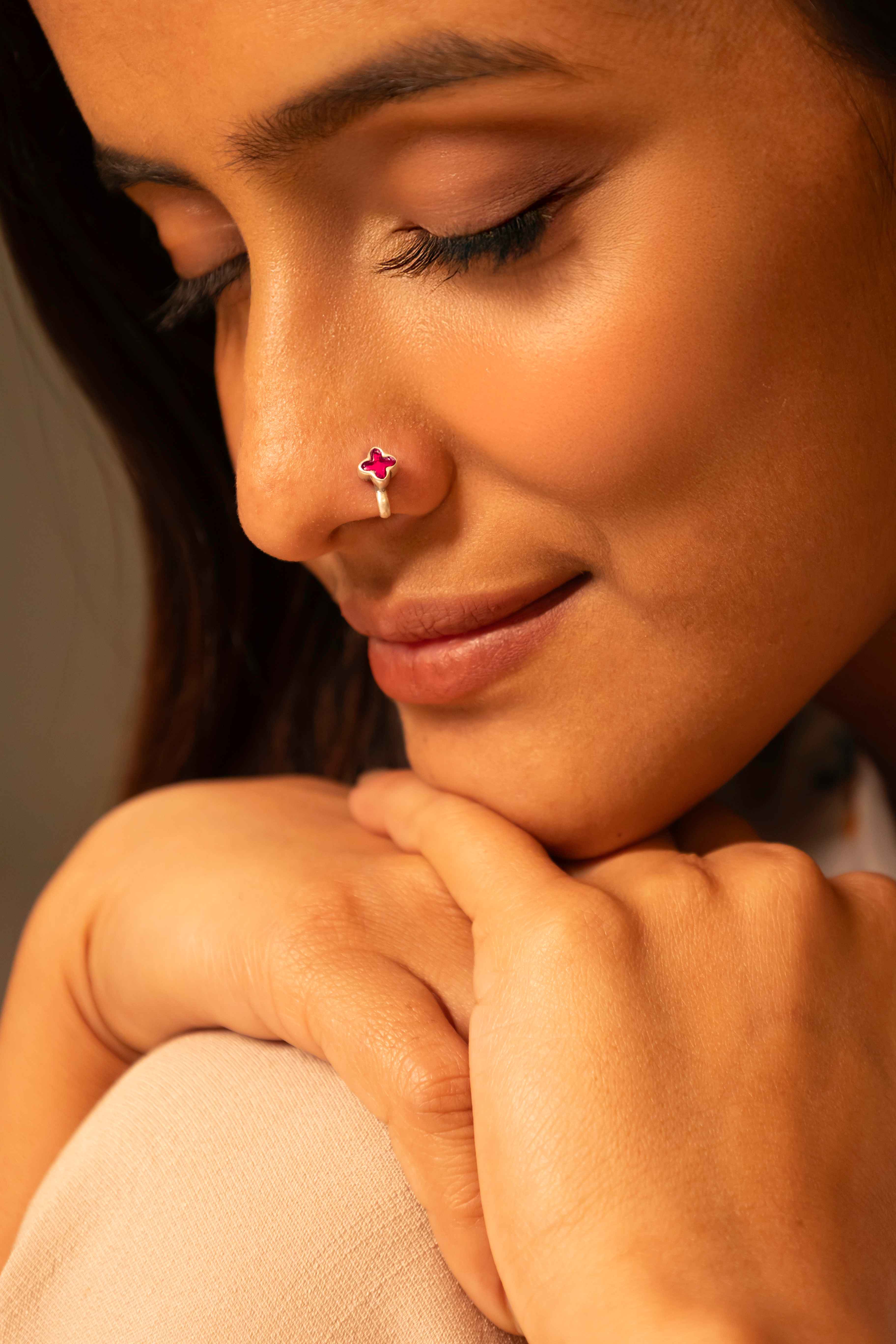 Adya Pink Kundan Non Pierced Nose Clip on