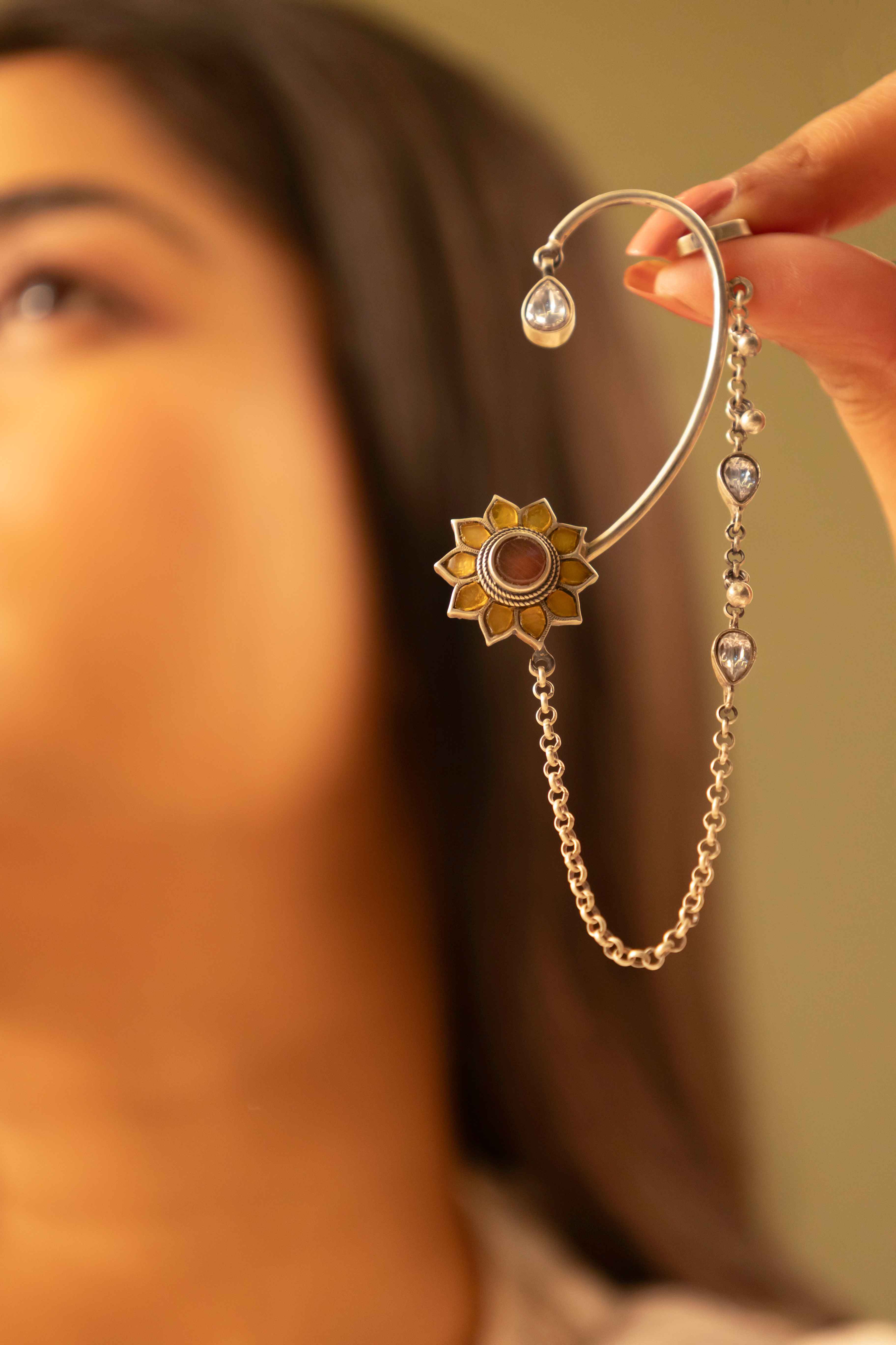 Adya Sunflower Motif Kundan Drop Earcuff