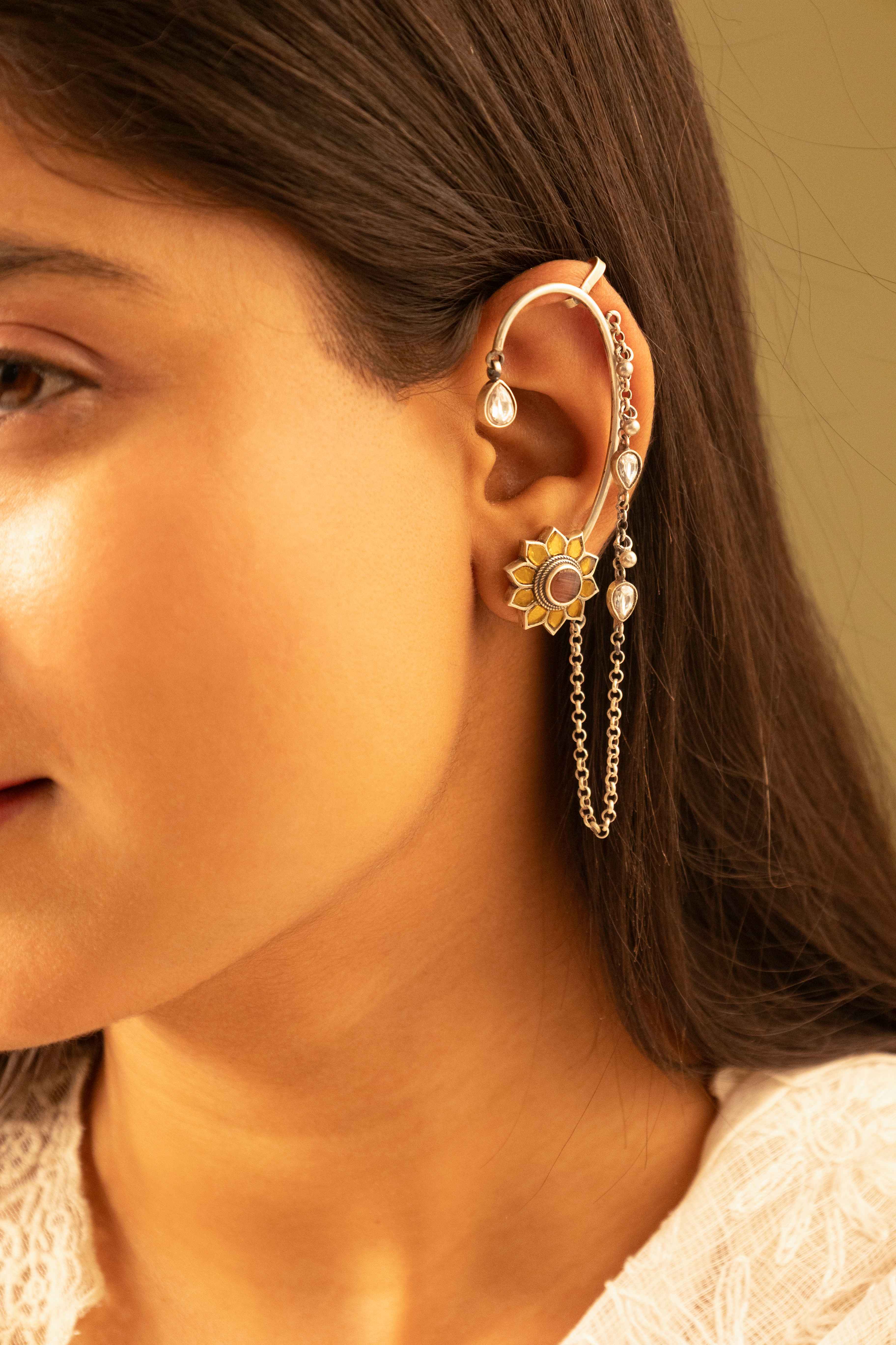 Adya Sunflower Motif Kundan Drop Earcuff
