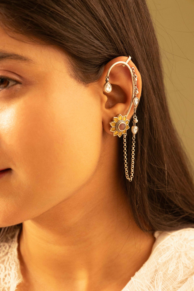 Adya Sunflower Motif Kundan Drop Earcuff
