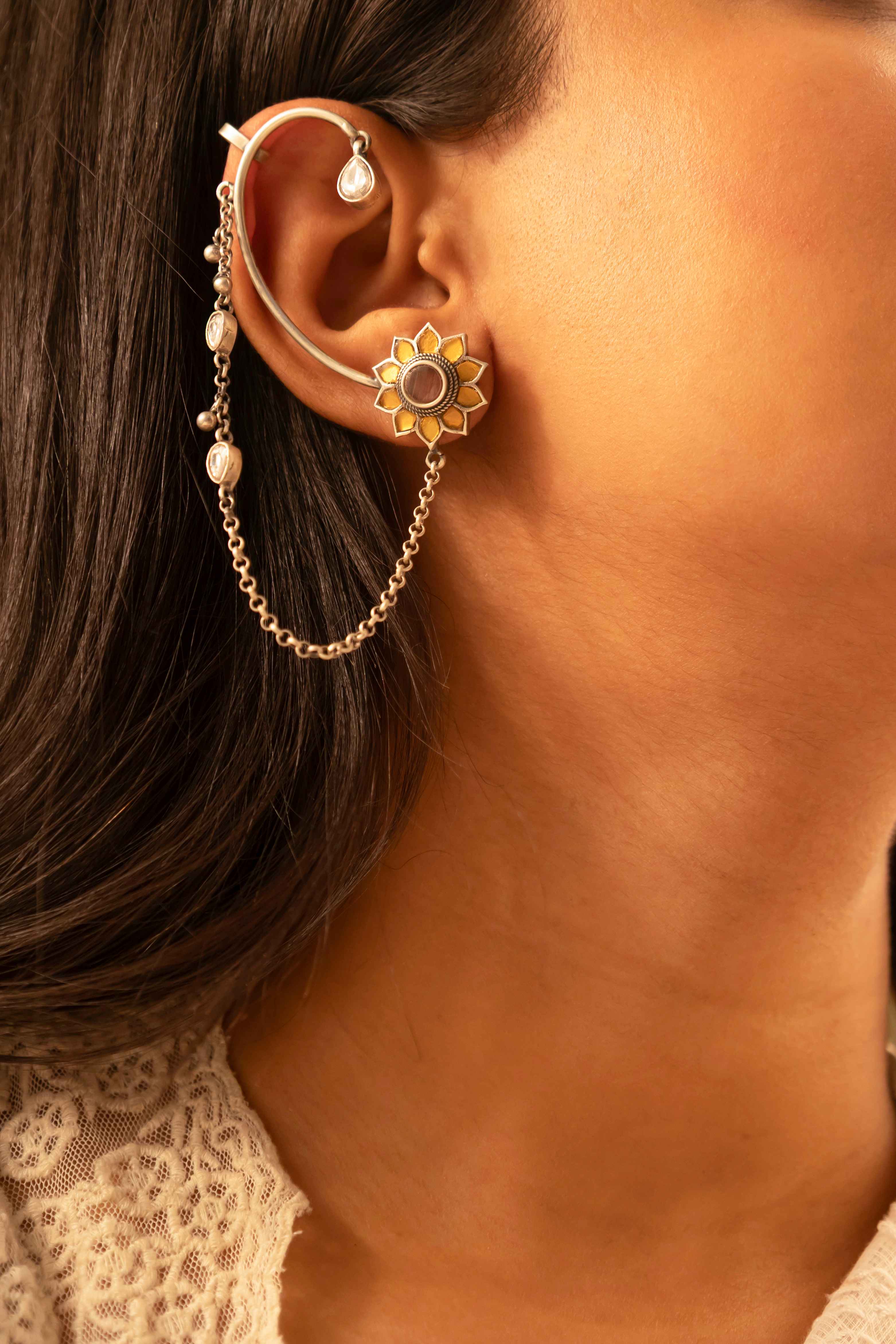 Adya Sunflower Motif Kundan Drop Earcuff