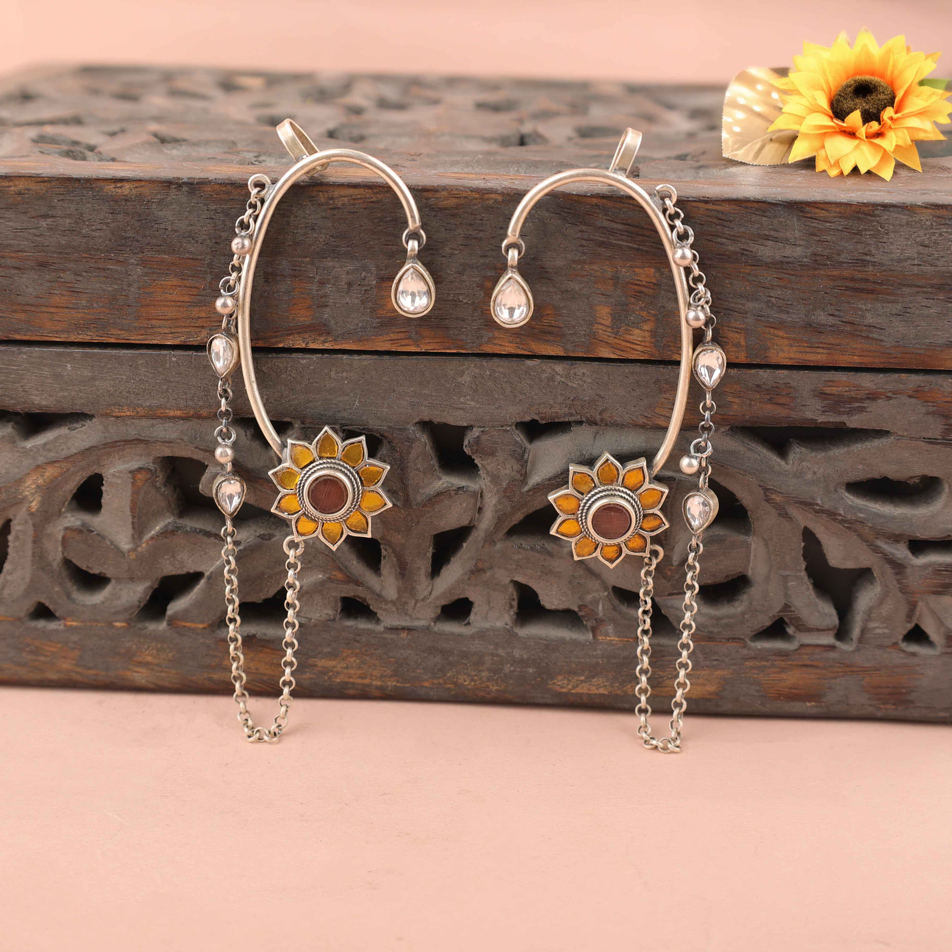 Adya Sunflower Motif Kundan Drop Earcuff