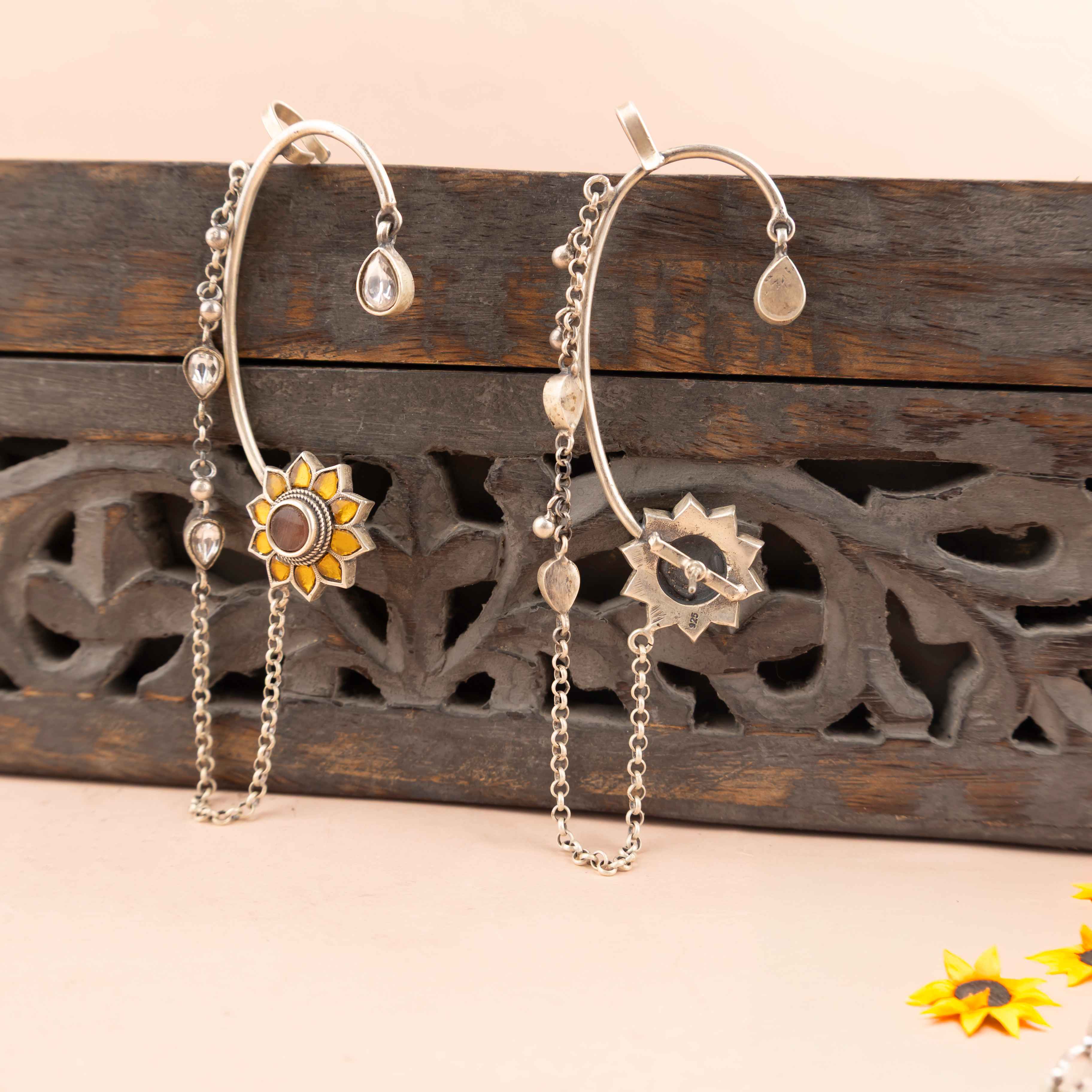 Adya Sunflower Motif Kundan Drop Earcuff