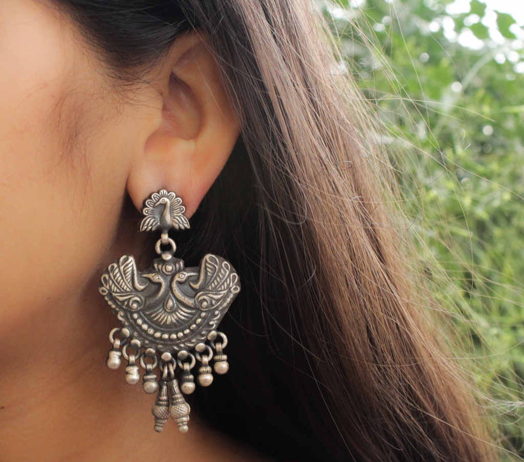 Anvaya Dual Peacock Embossed Art Earrings