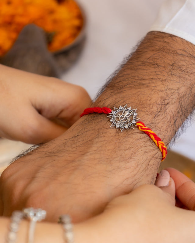 925 pure silver intricate Ganesha shubh rakhi, detail view
