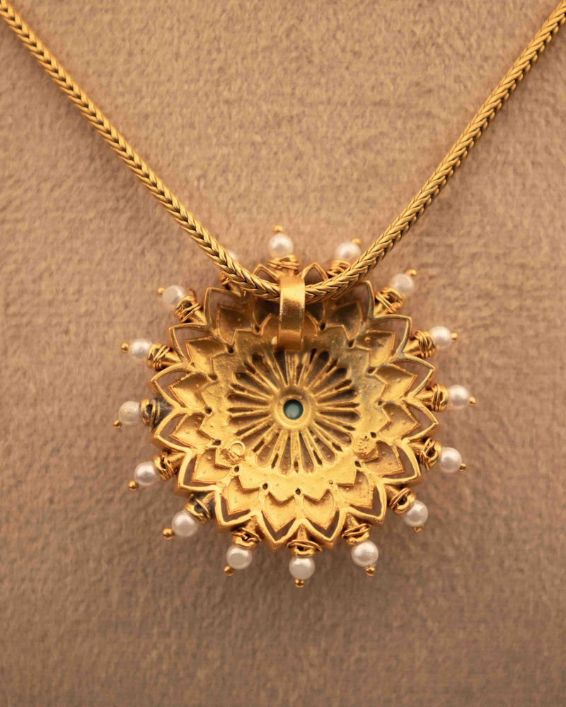 Anvaya Pearl Bordered Intricate Flower Gold Plated Pendant