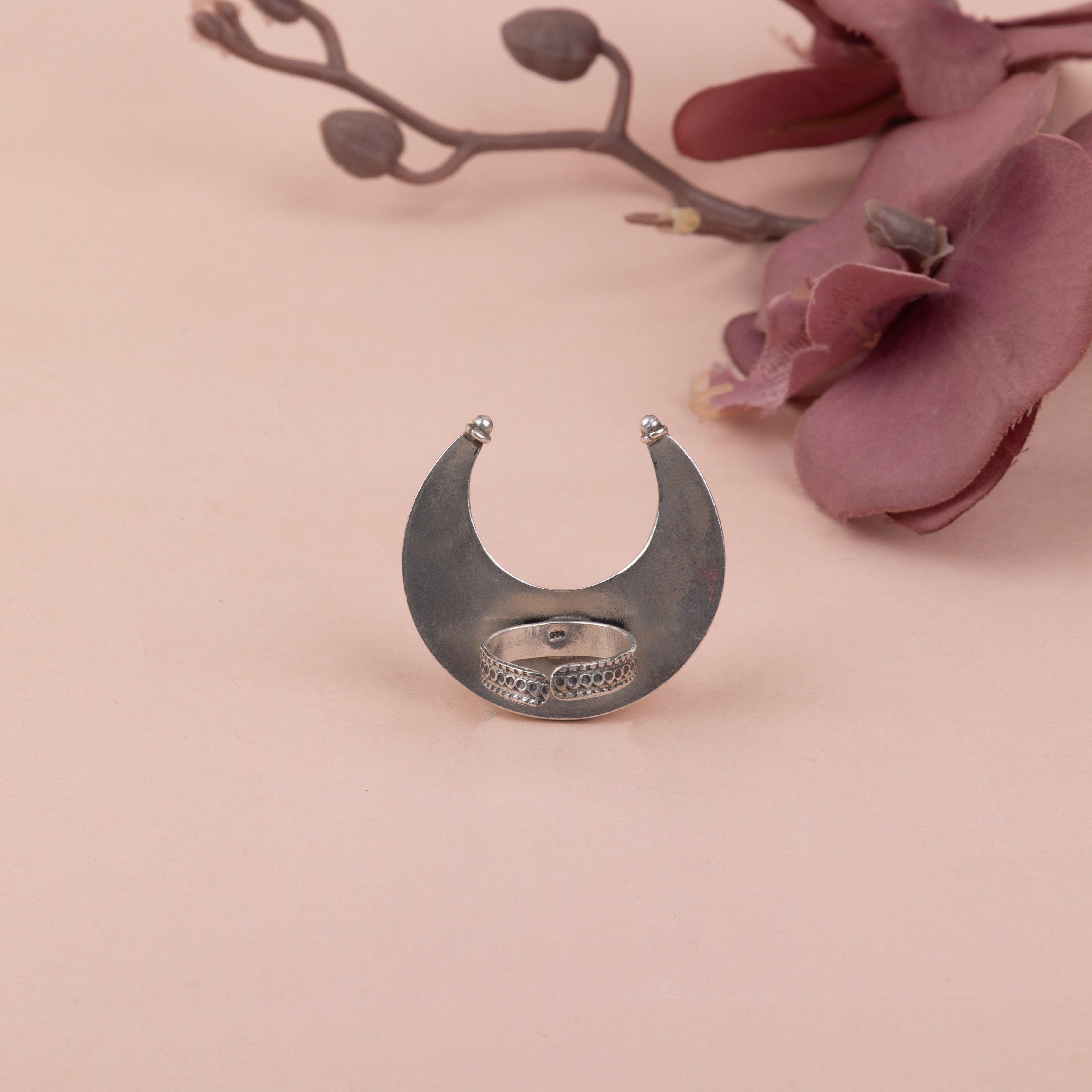 Anvaya Crescent Moon Flower Motif Matte Ring