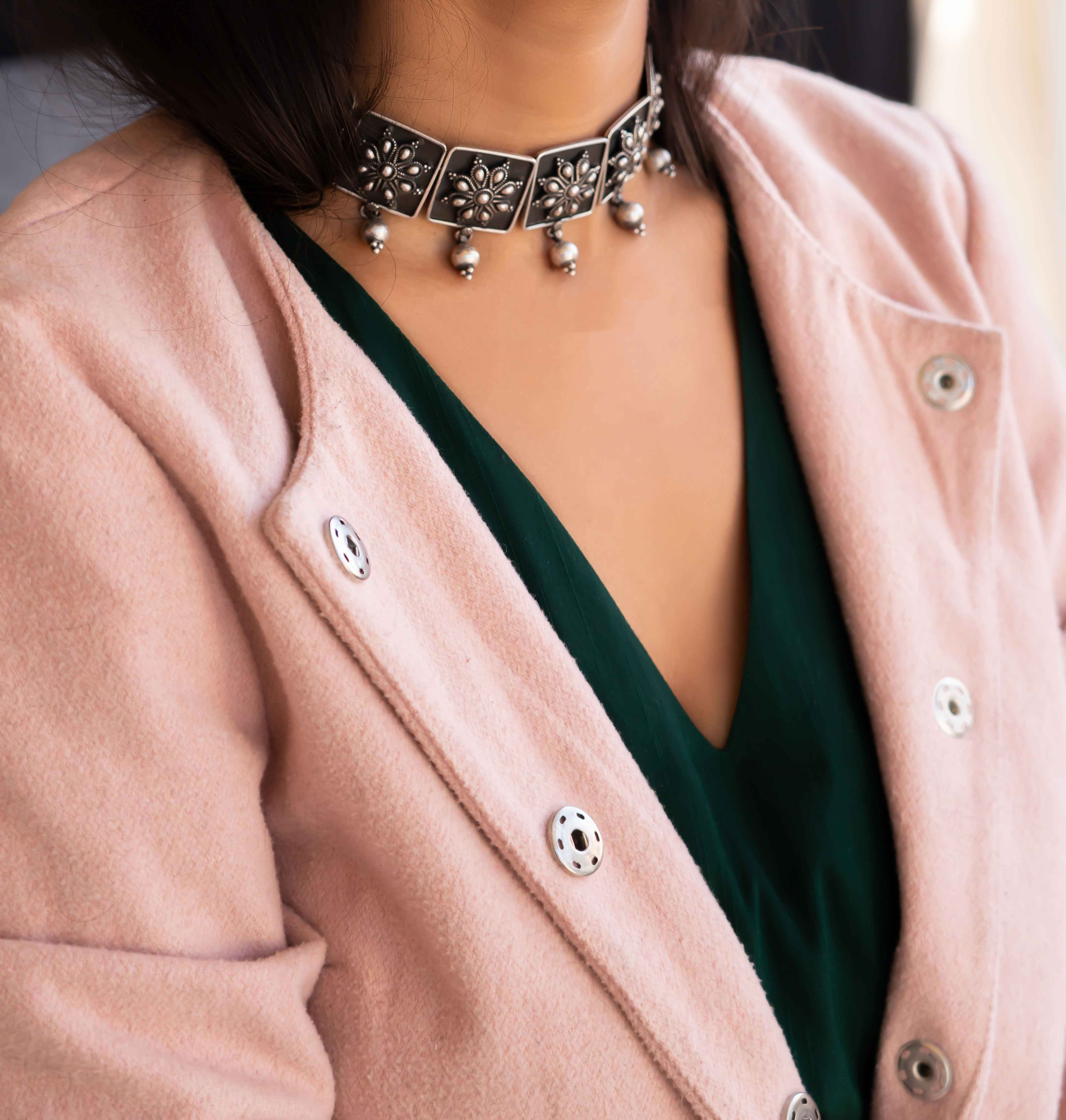 Anvaya Flower Embossed Ball drop Choker