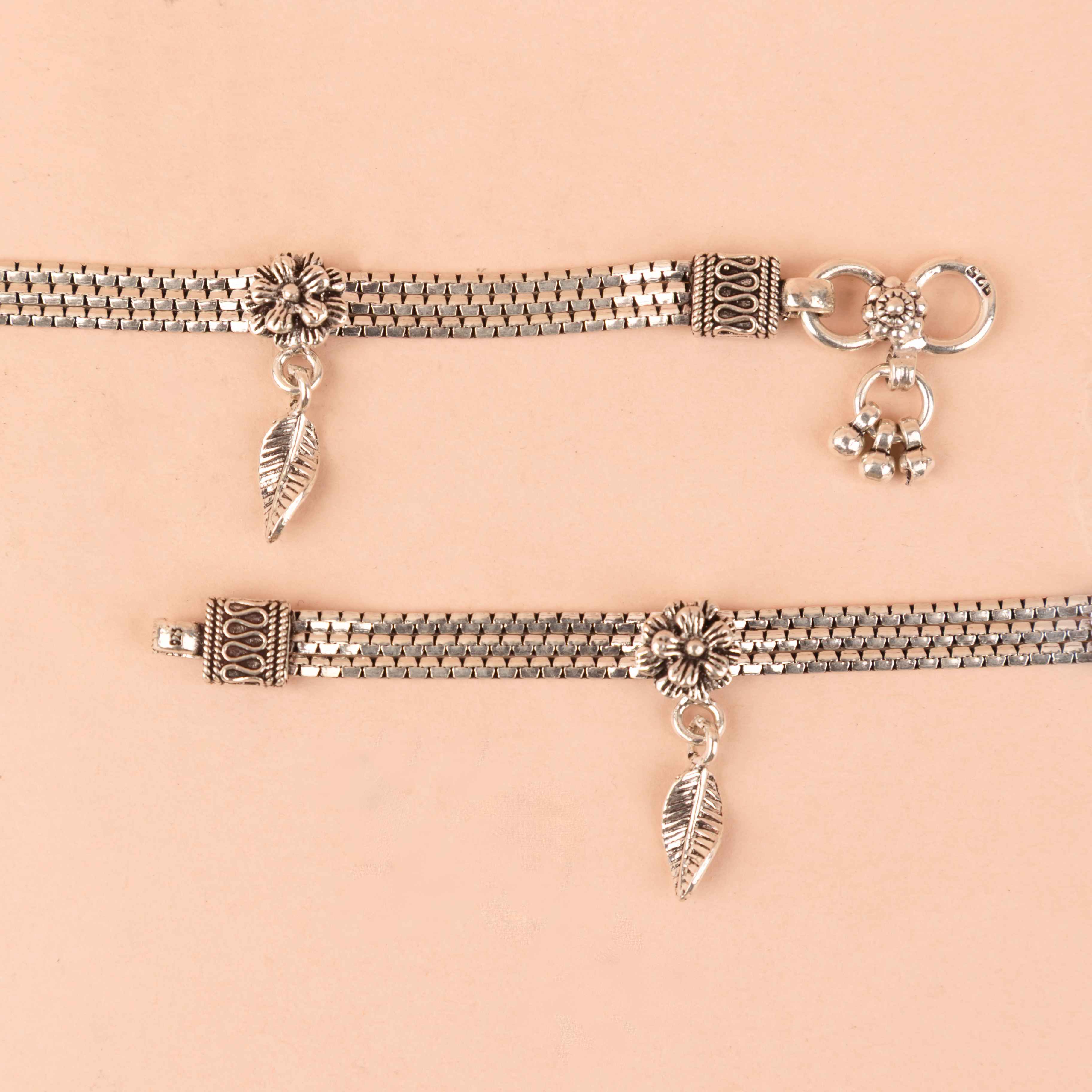 Anvaya Intricate Flower Leaf Drop Stacked Anklet Pair