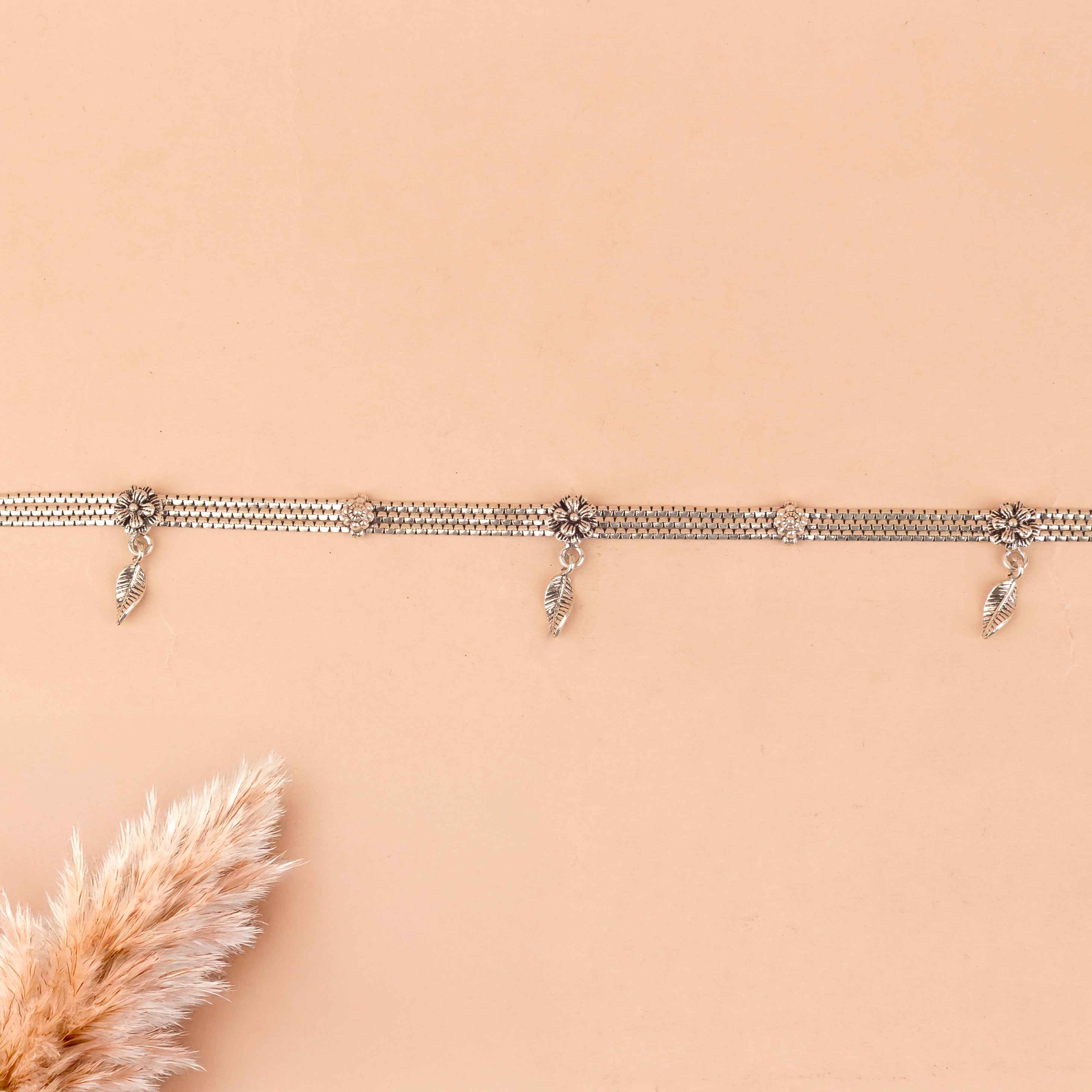 Anvaya Intricate Flower Leaf Drop Stacked Anklet Pair