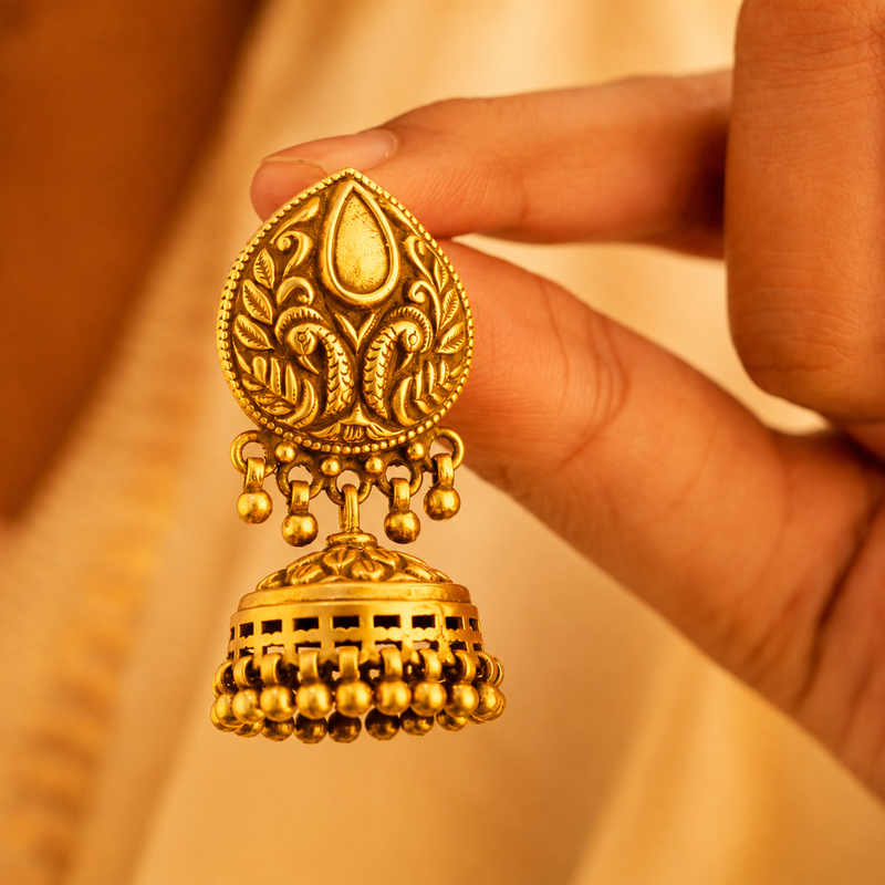 92.5 sterling silver Moh Peacock Motif Embossed Classic Jhumki, view 6