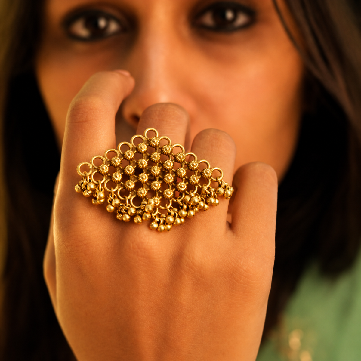 925 pure silver intricate jali ghughri statement ring, side view
