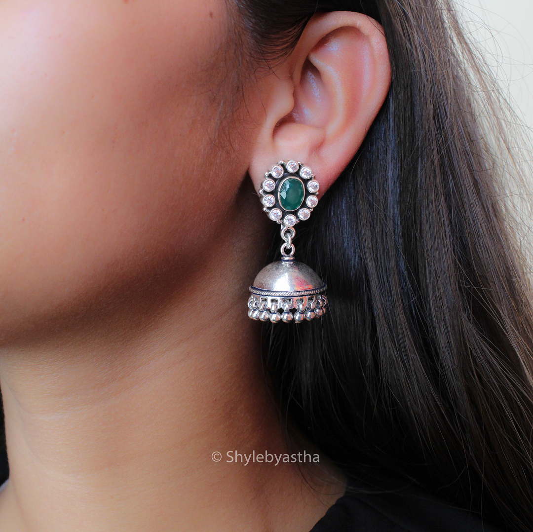 Dulari Emerald Zircon Motif Jhumkis