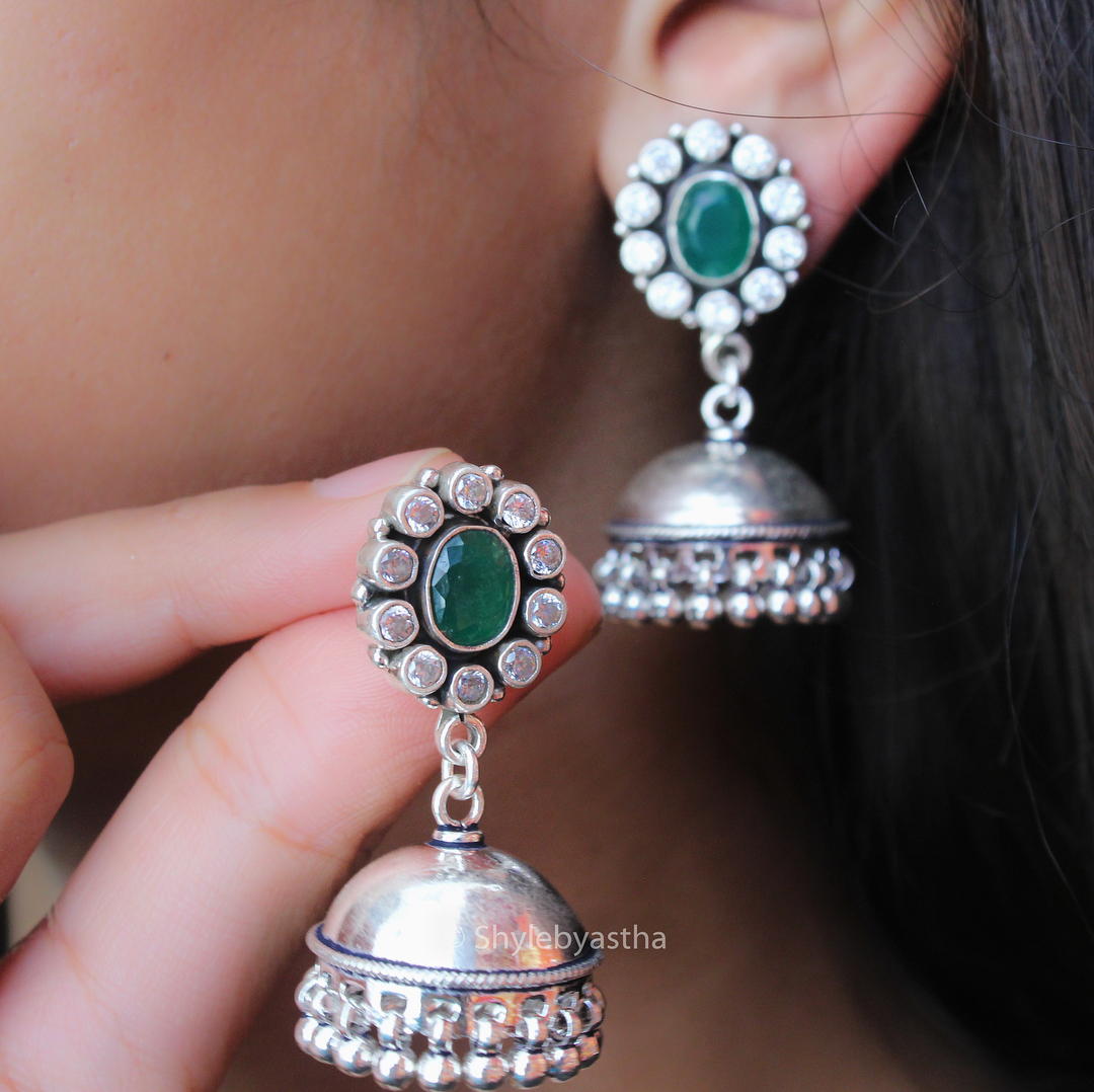Dulari Emerald Zircon Motif Jhumkis
