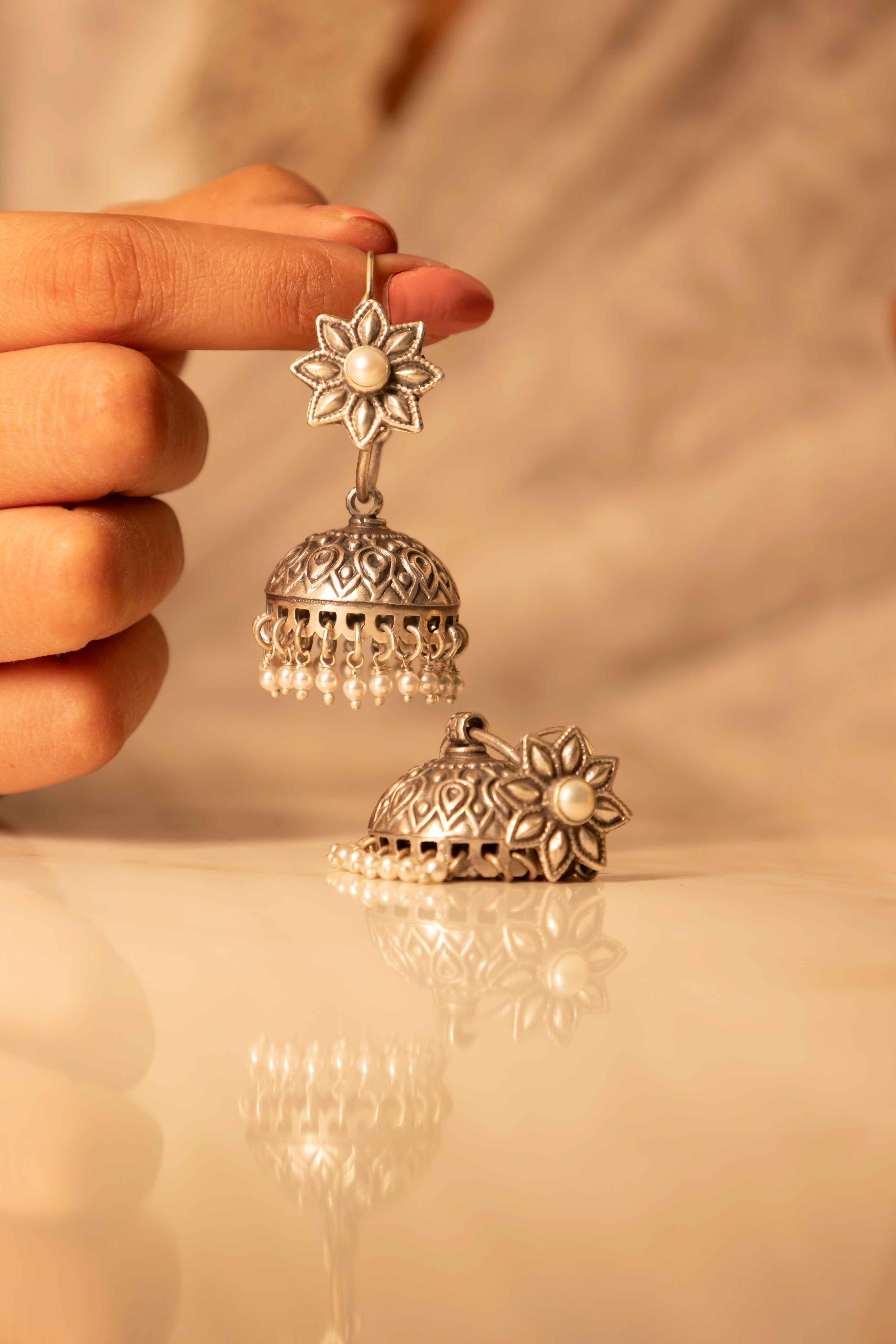 Dulari Intricate Pearl Embossed Bali Jhumka