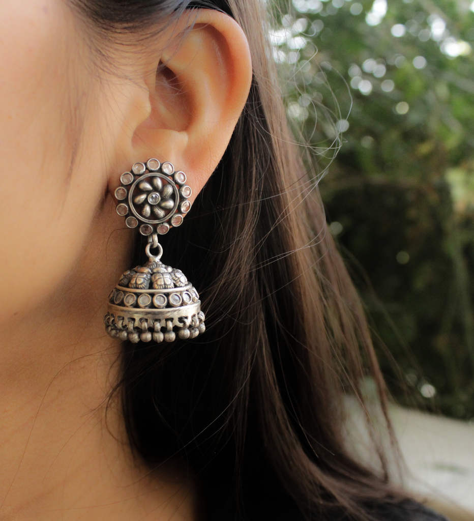Essence Cubic Zirconia Embossed Jhumka