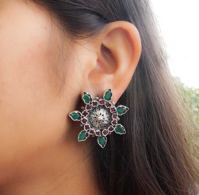 Essence Ruby Emerald Flower Studs
