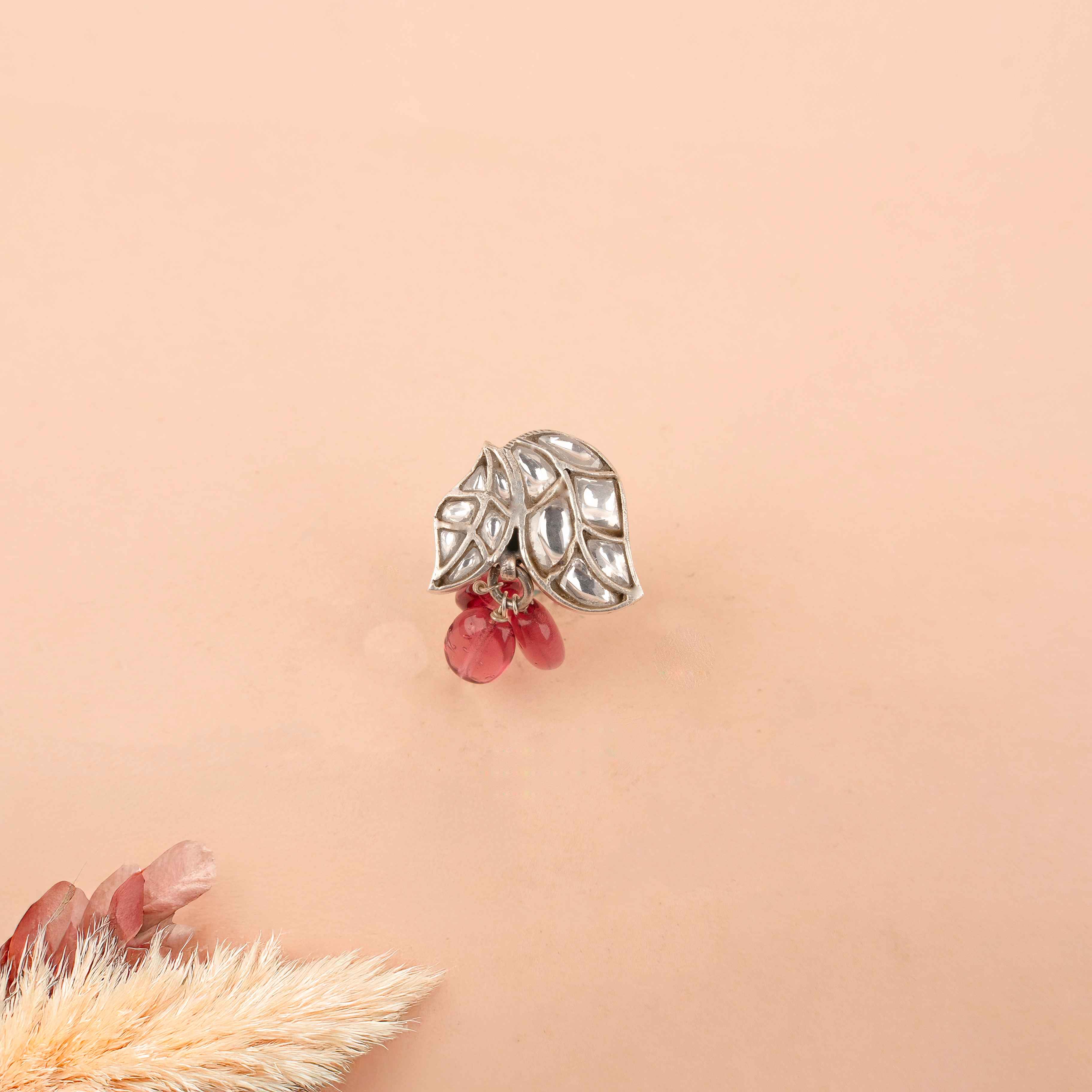 Essence Dual Leaf Kundan Pink Drop Ring