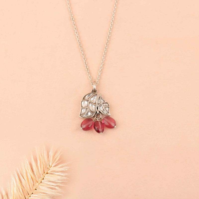 Essence Dual Leaf Kundan Pink Drop Necklace Earring Ring Set