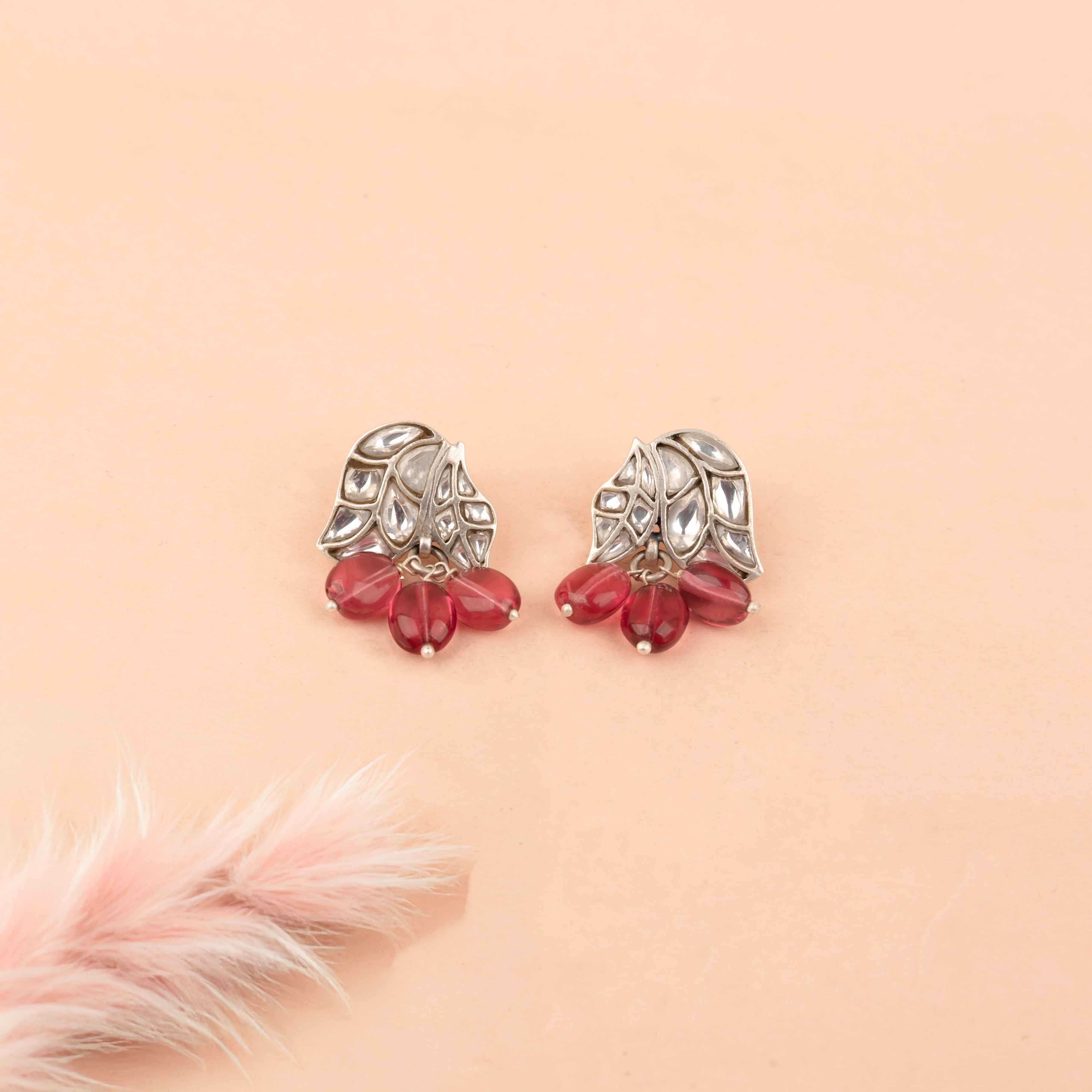 Essence Dual Leaf Kundan Pink Drop Earring