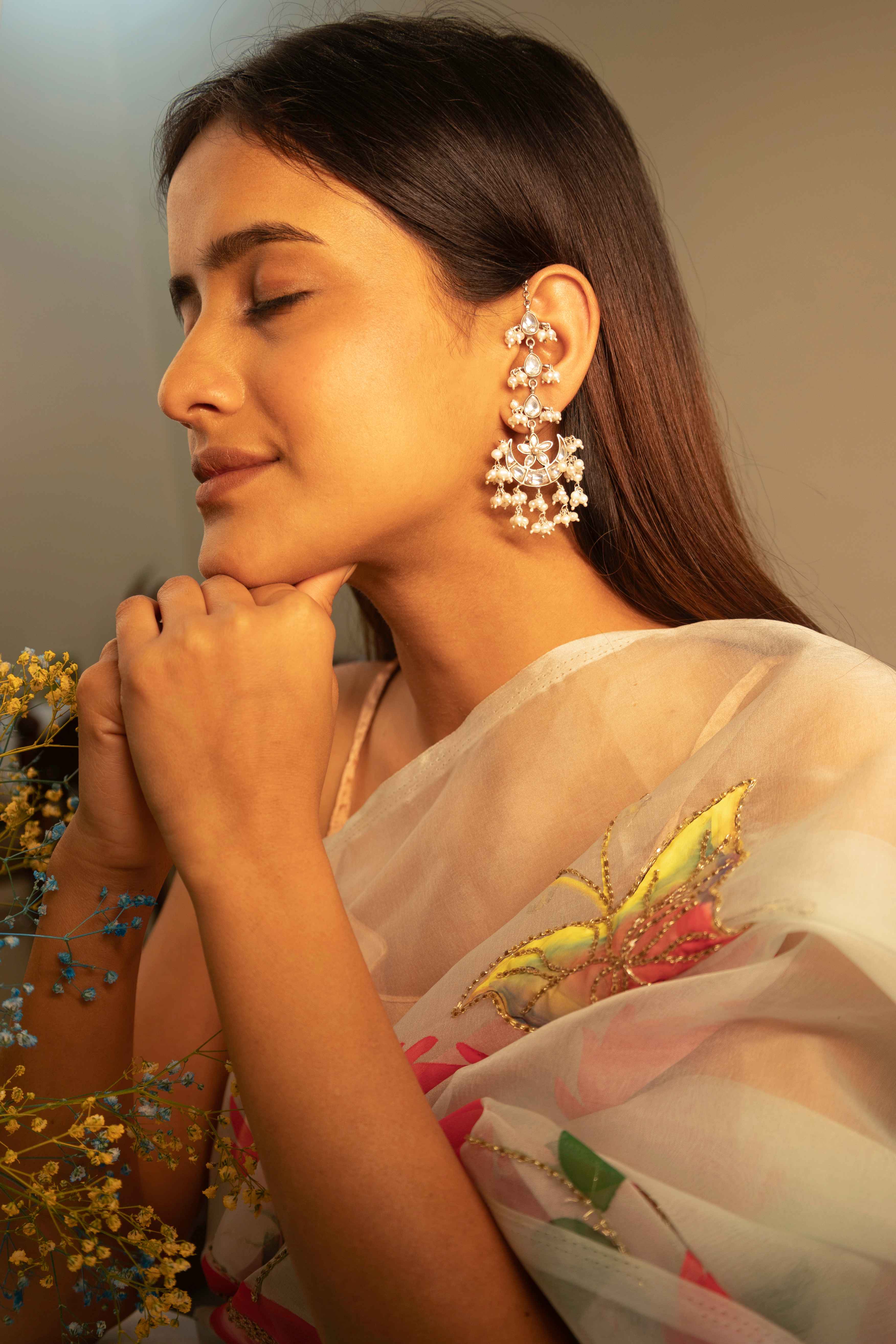 Essence Kundan Chaand Phool Pearl Drop Earchain Statement Earring