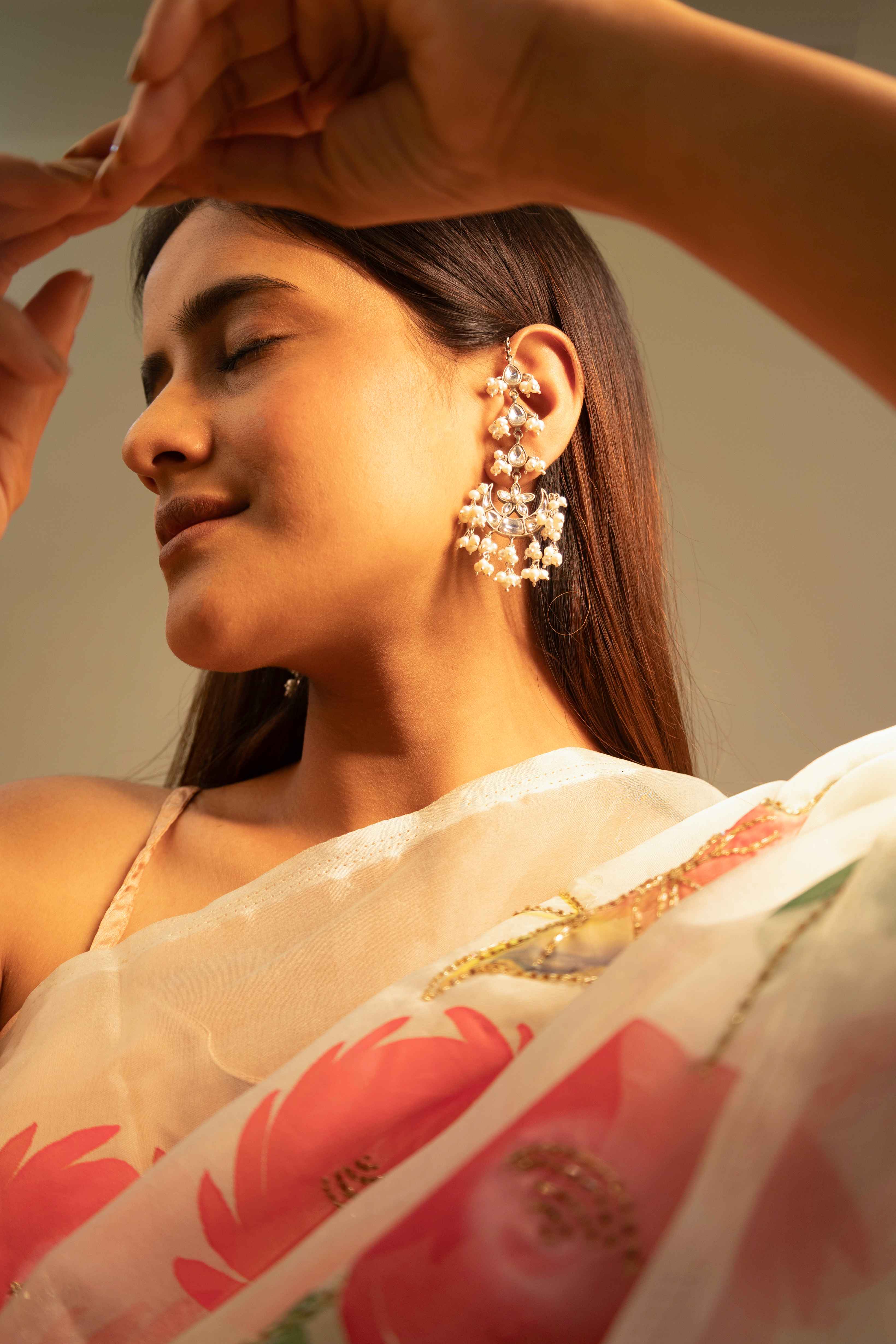 Essence Kundan Chaand Phool Pearl Drop Earchain Statement Earring