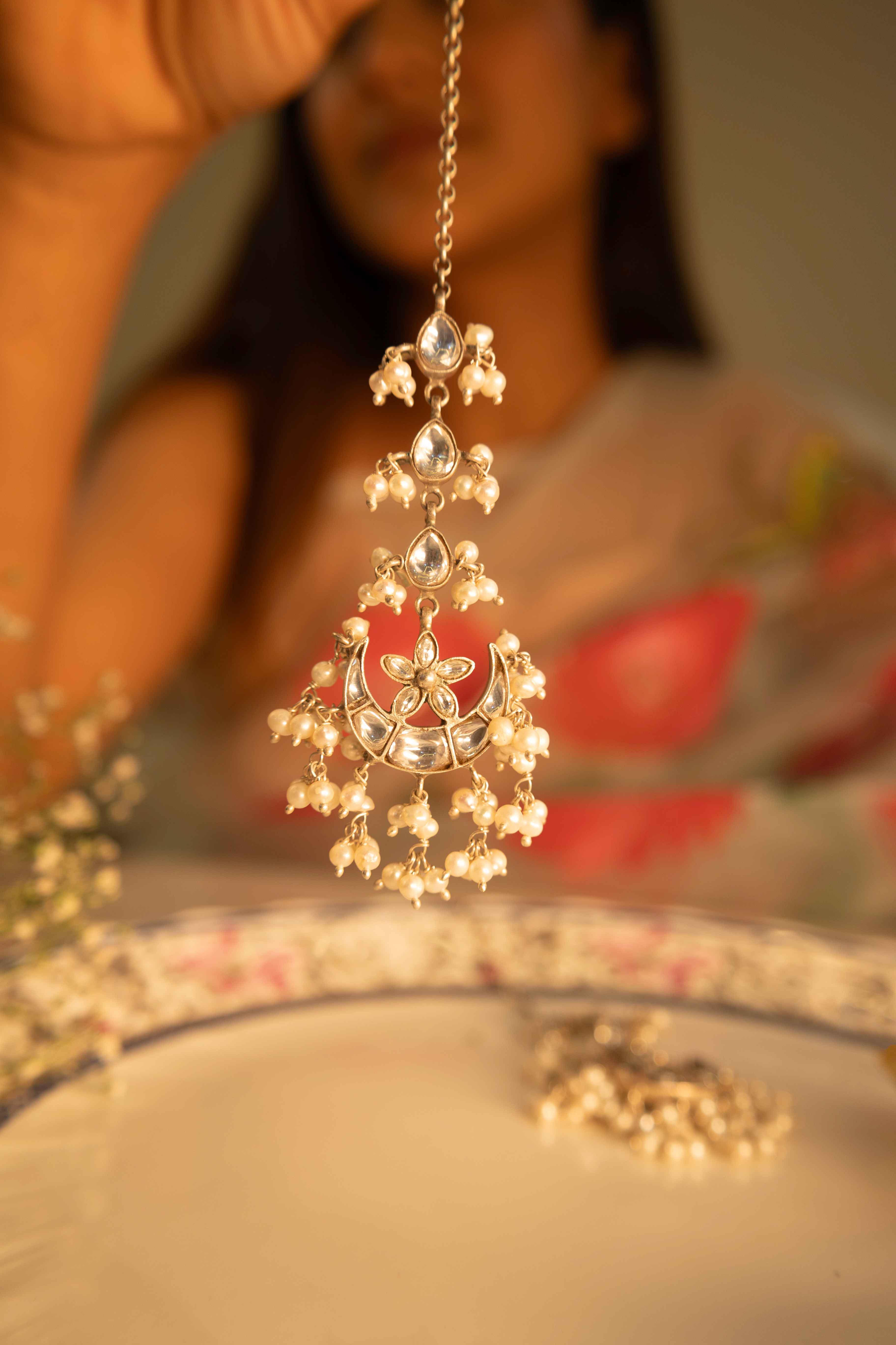 Essence Kundan Chaand Phool Pearl Drop Earchain Statement Earring