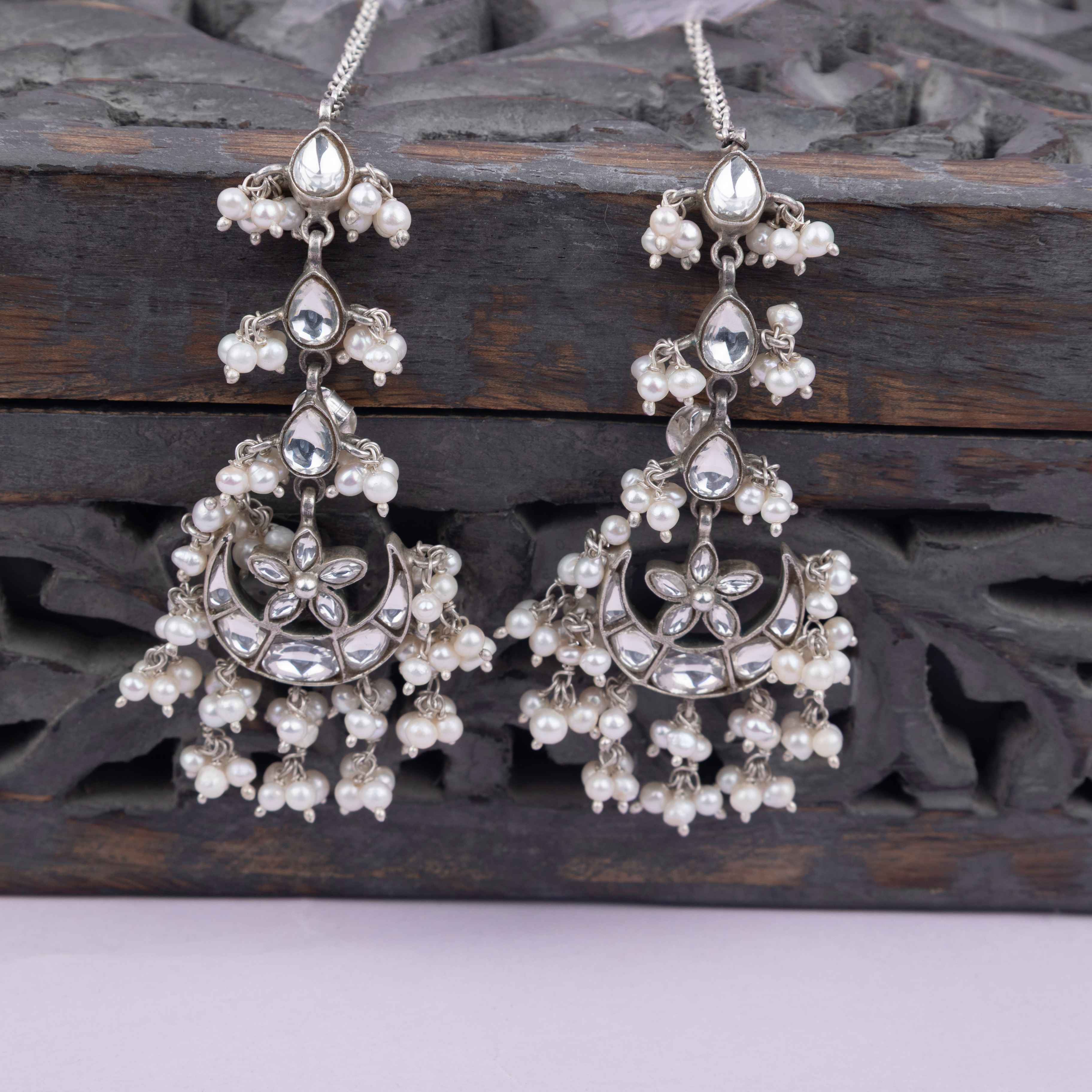 Essence Kundan Chaand Phool Pearl Drop Earchain Statement Earring