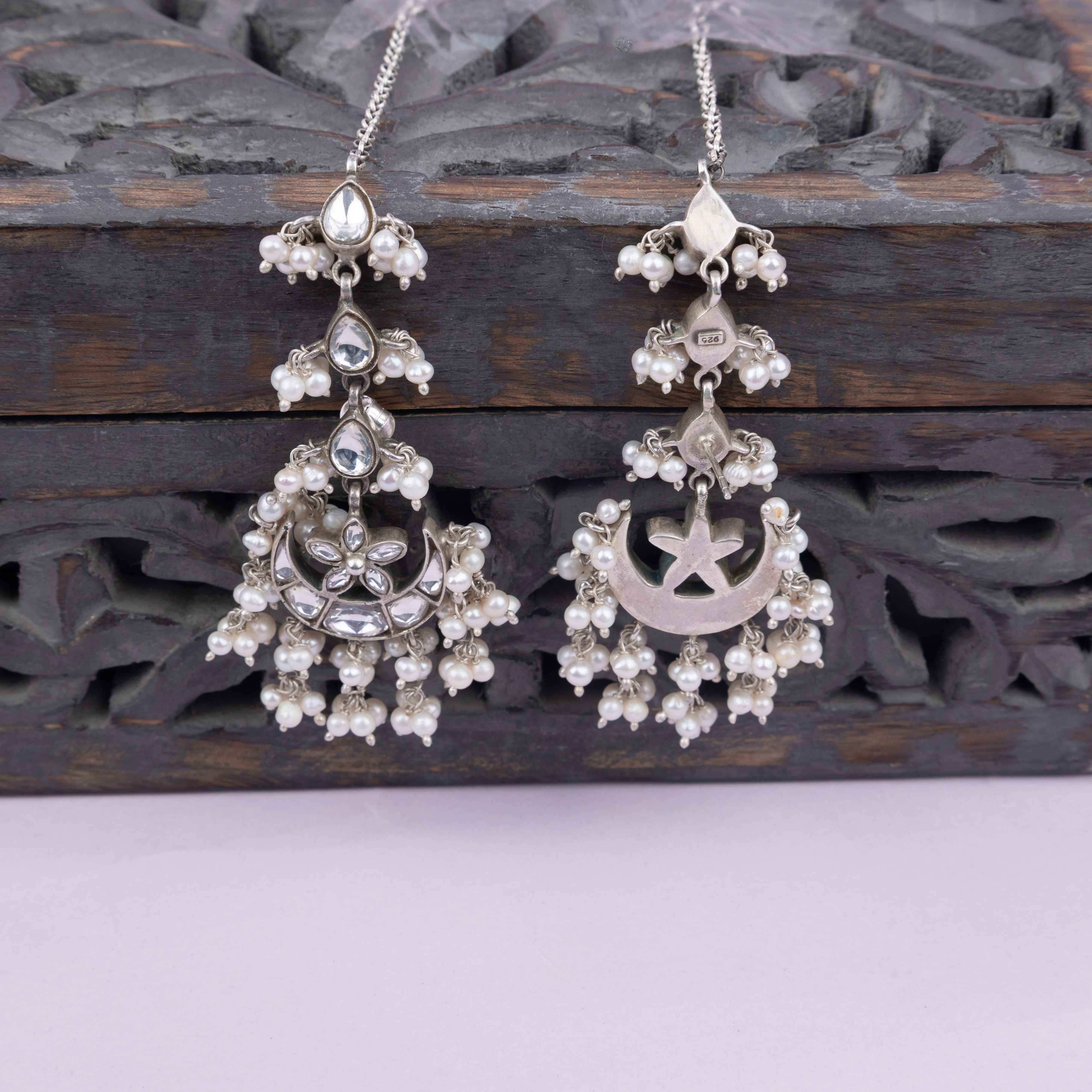 Essence Kundan Chaand Phool Pearl Drop Earchain Statement Earring