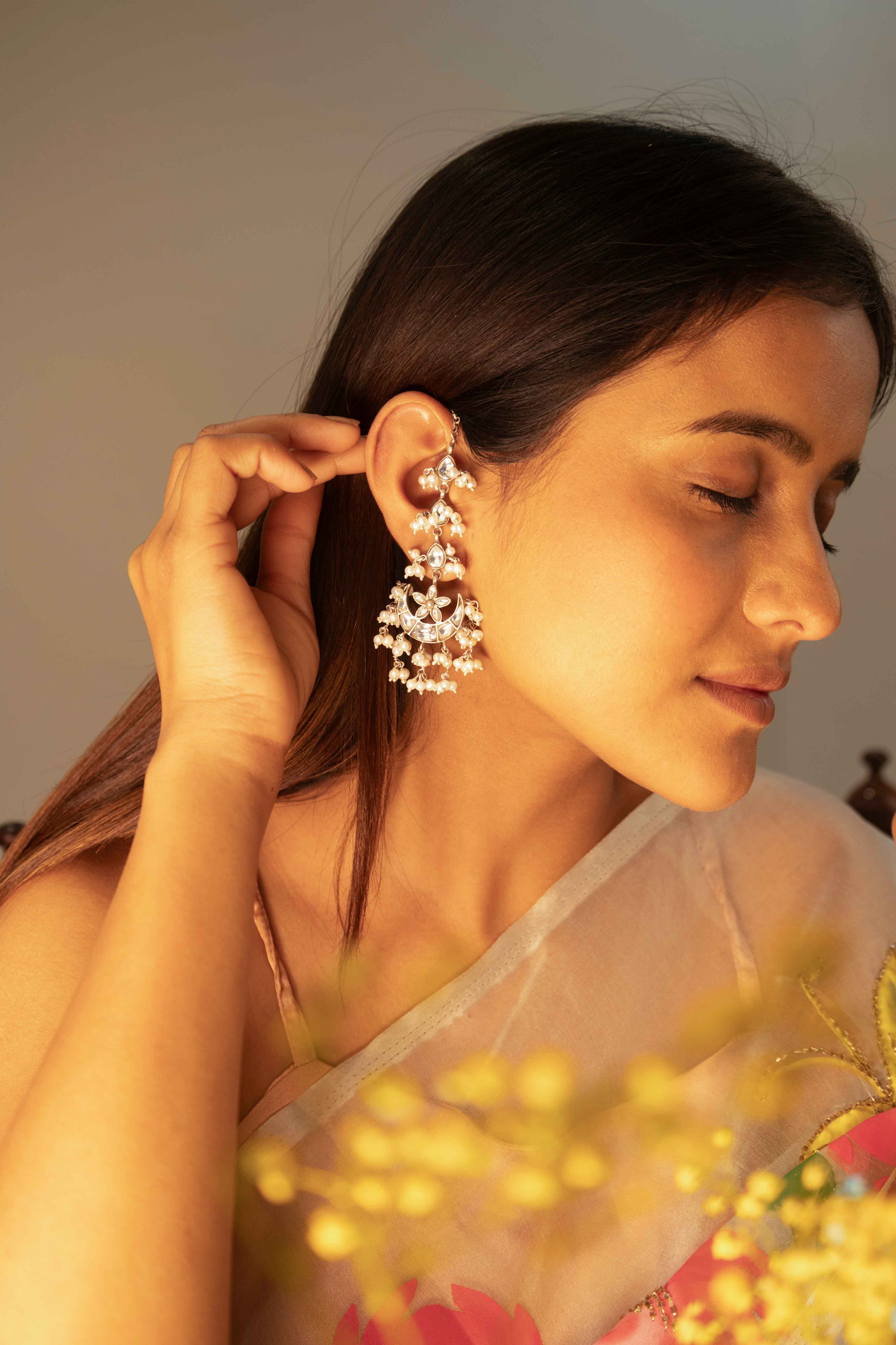 Essence Kundan Chaand Phool Pearl Drop Earchain Statement Earring