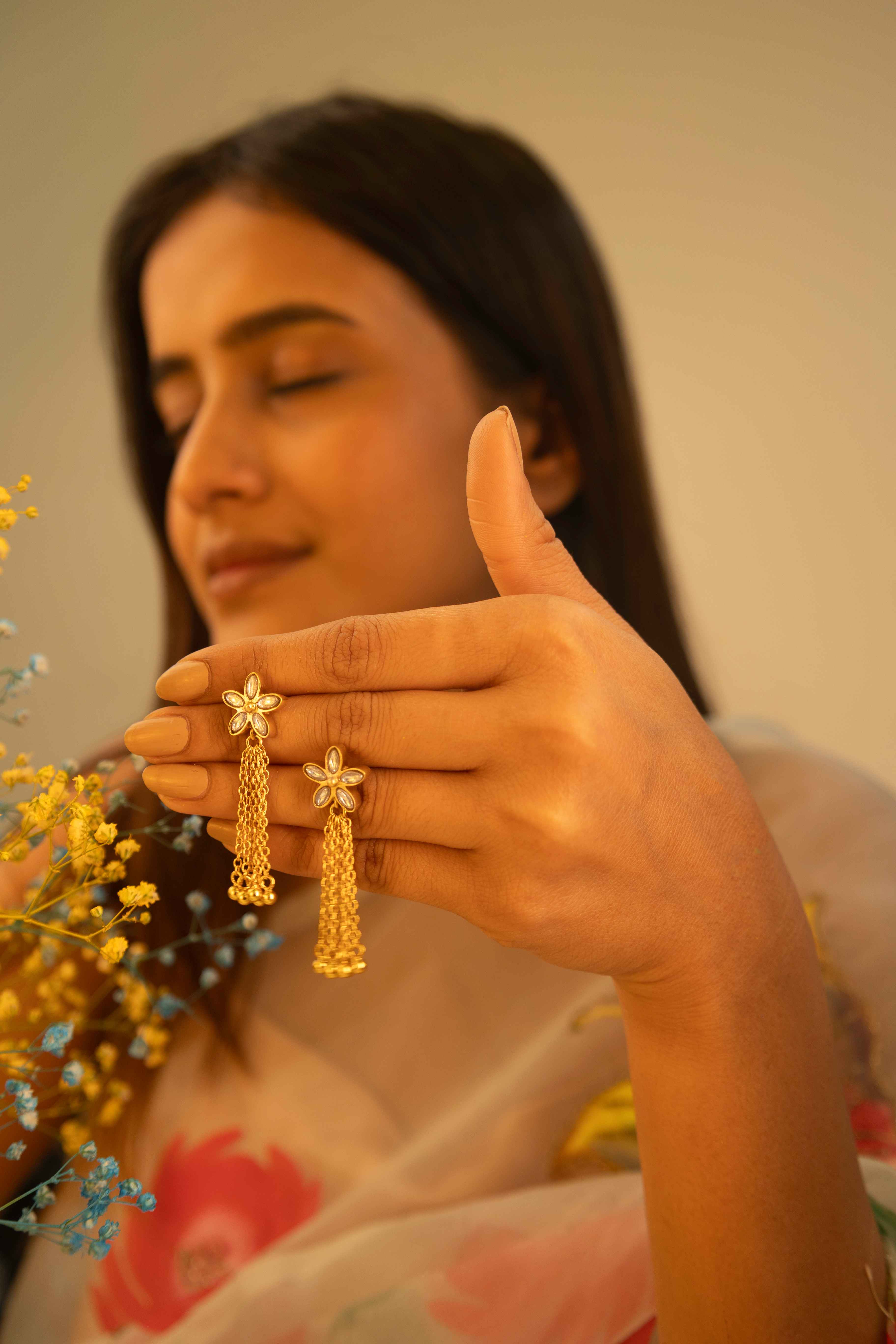 Essence Kundan Flower Chain Drop Gold Plated Earring