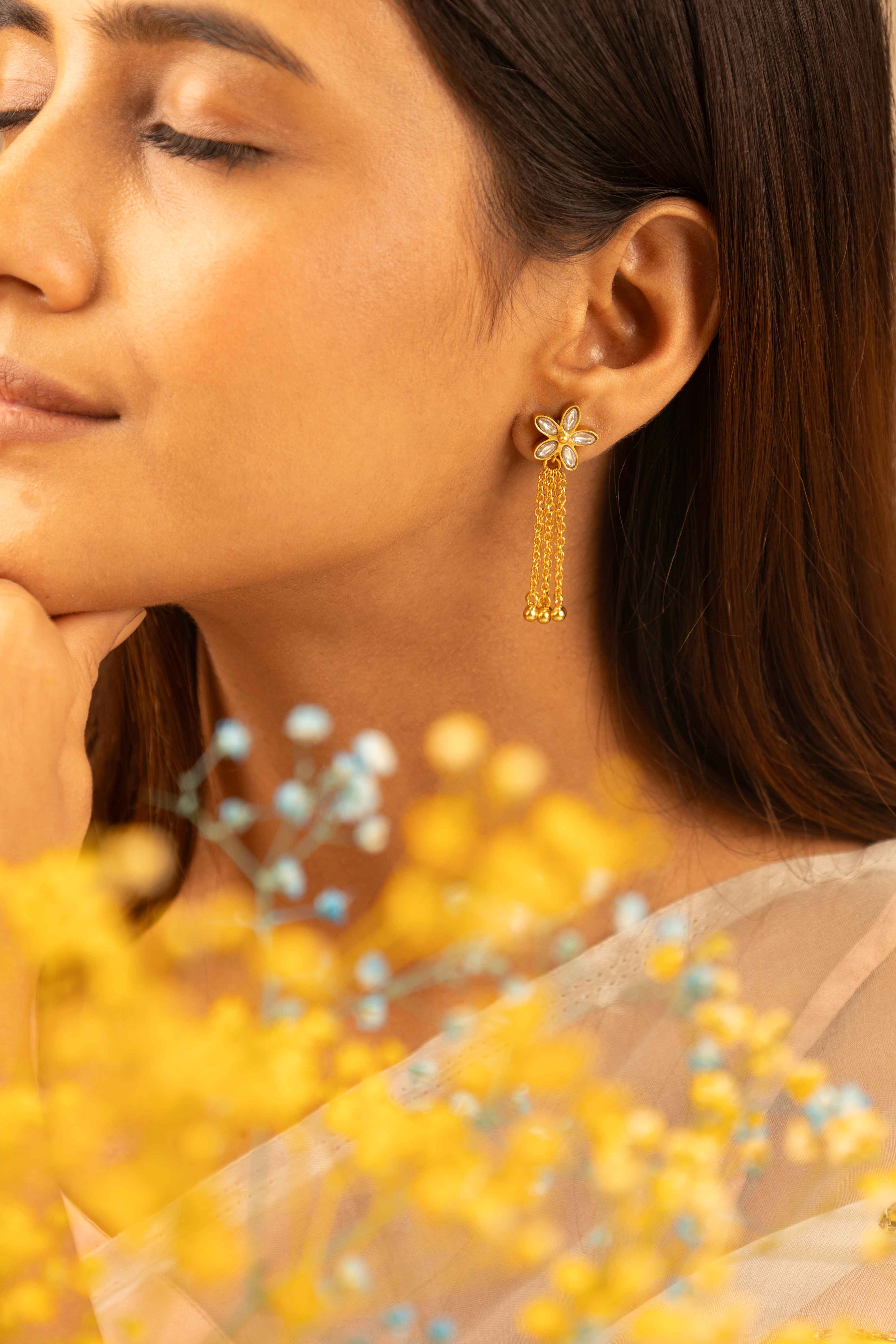 Essence Kundan Flower Chain Drop Gold Plated Earring