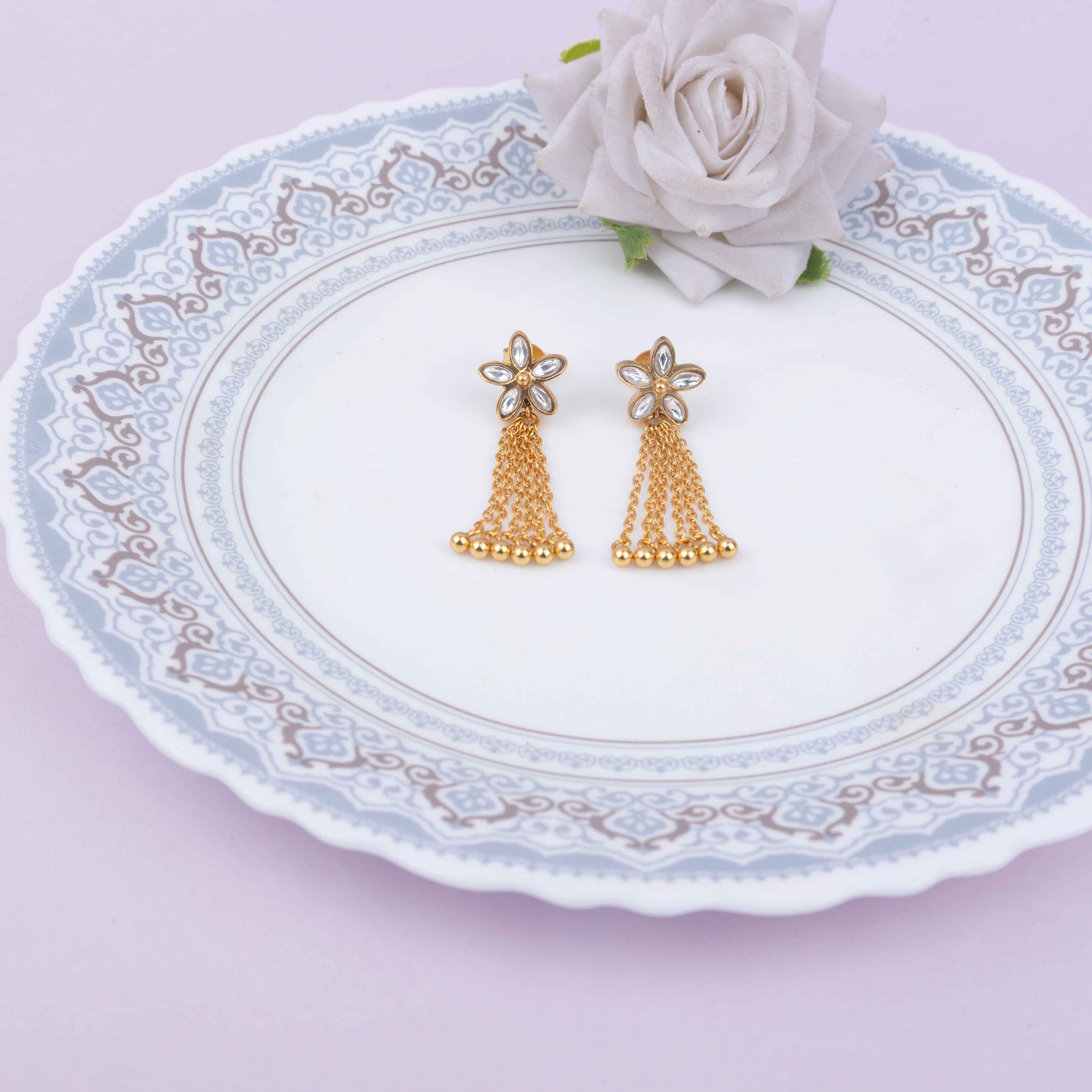 Essence Kundan Flower Chain Drop Gold Plated Earring