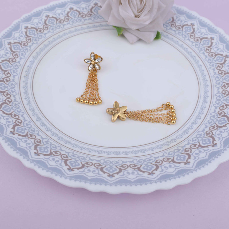 Essence Kundan Flower Chain Drop Gold Plated Earring