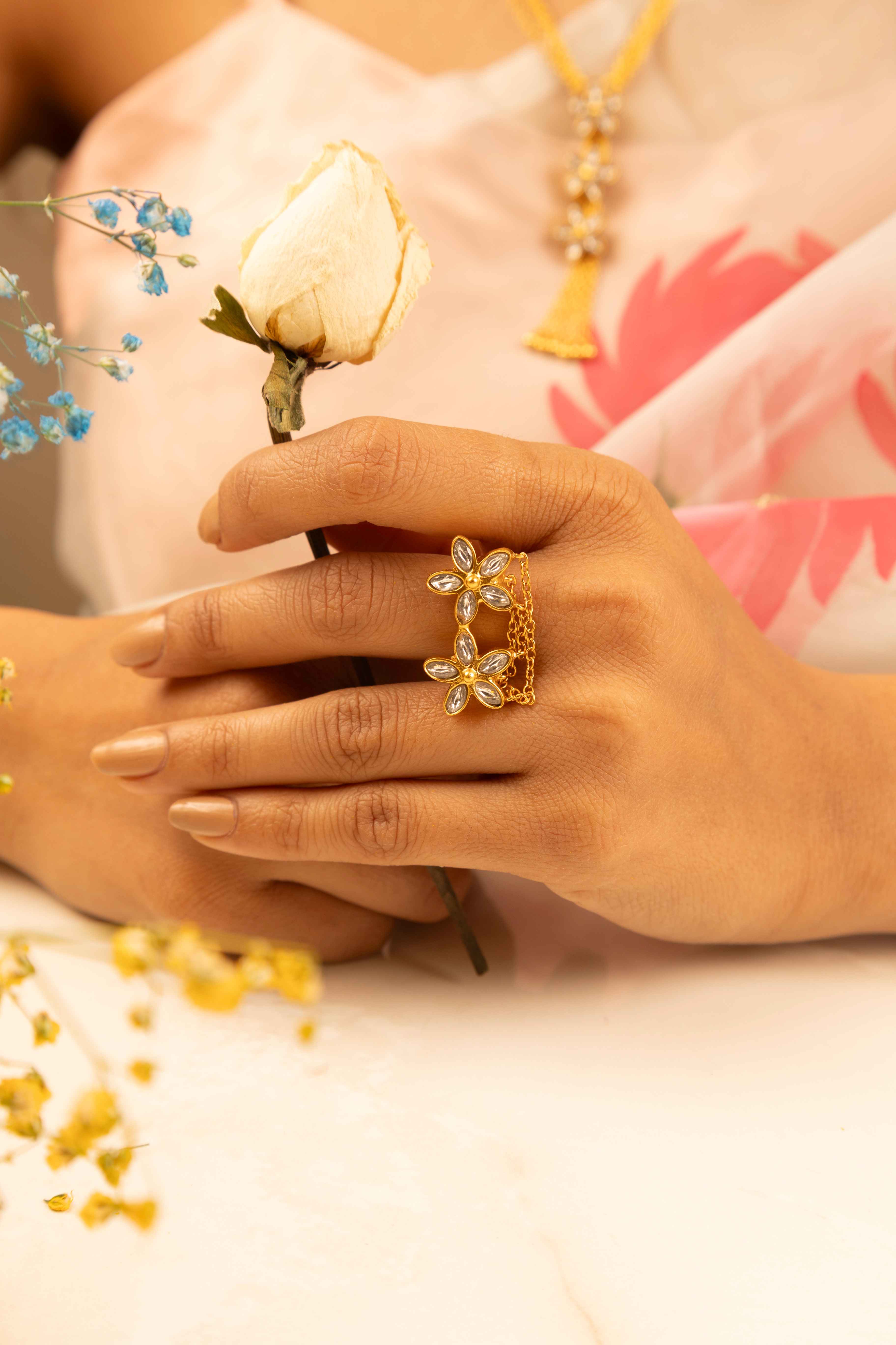Essence Kundan Flower Chain Drop Gold Plated Ring