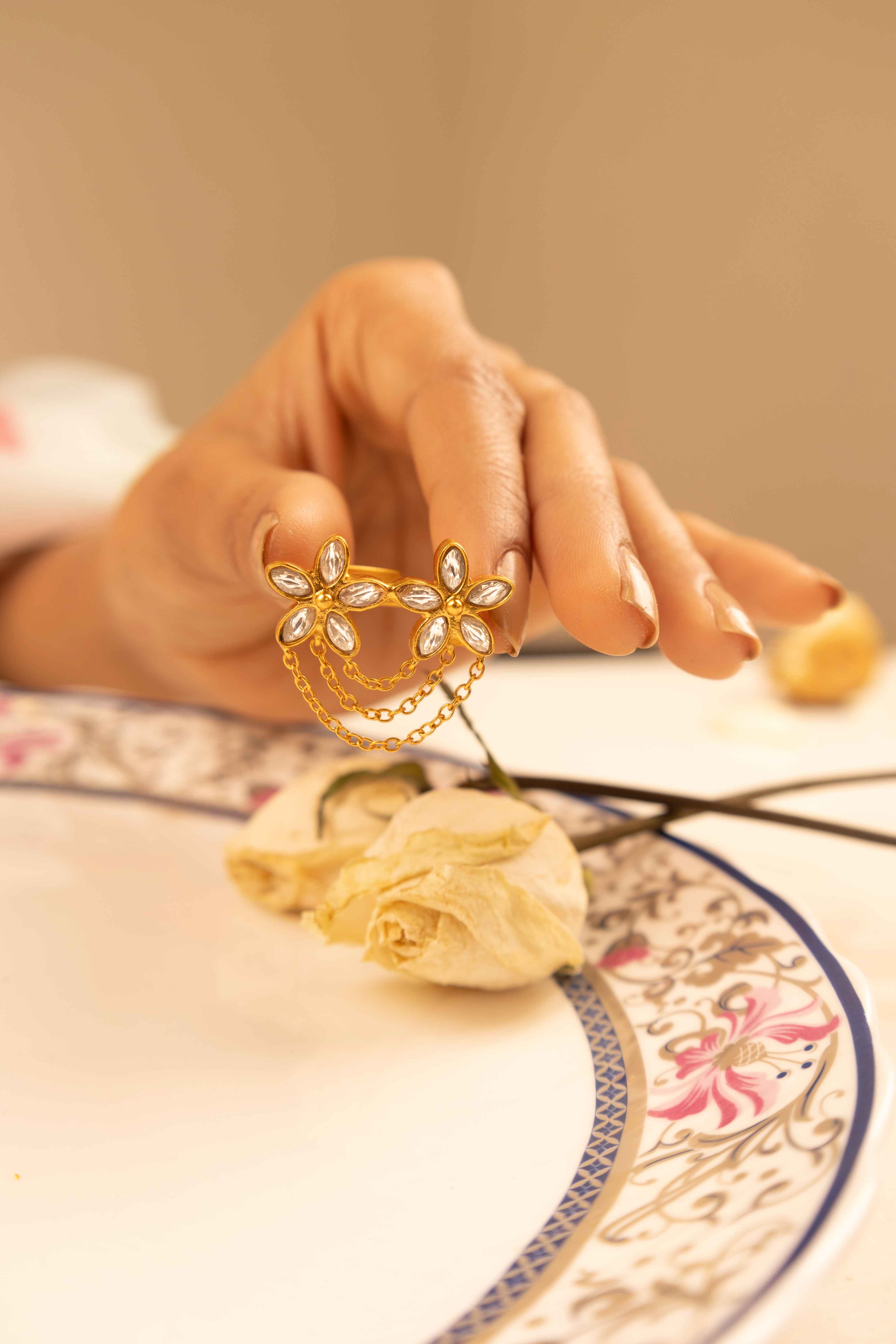 Essence Kundan Flower Chain Drop Gold Plated Ring