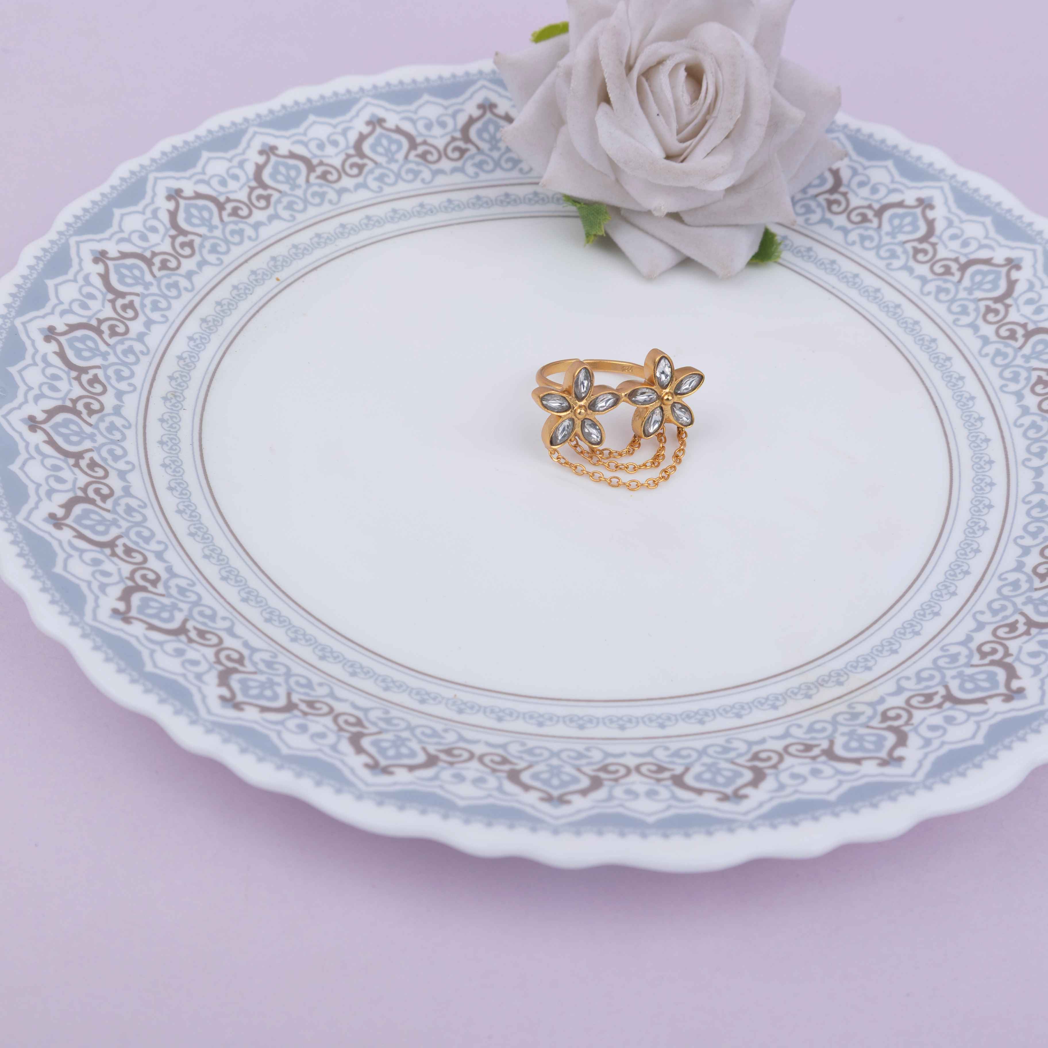 Essence Kundan Flower Chain Drop Gold Plated Ring